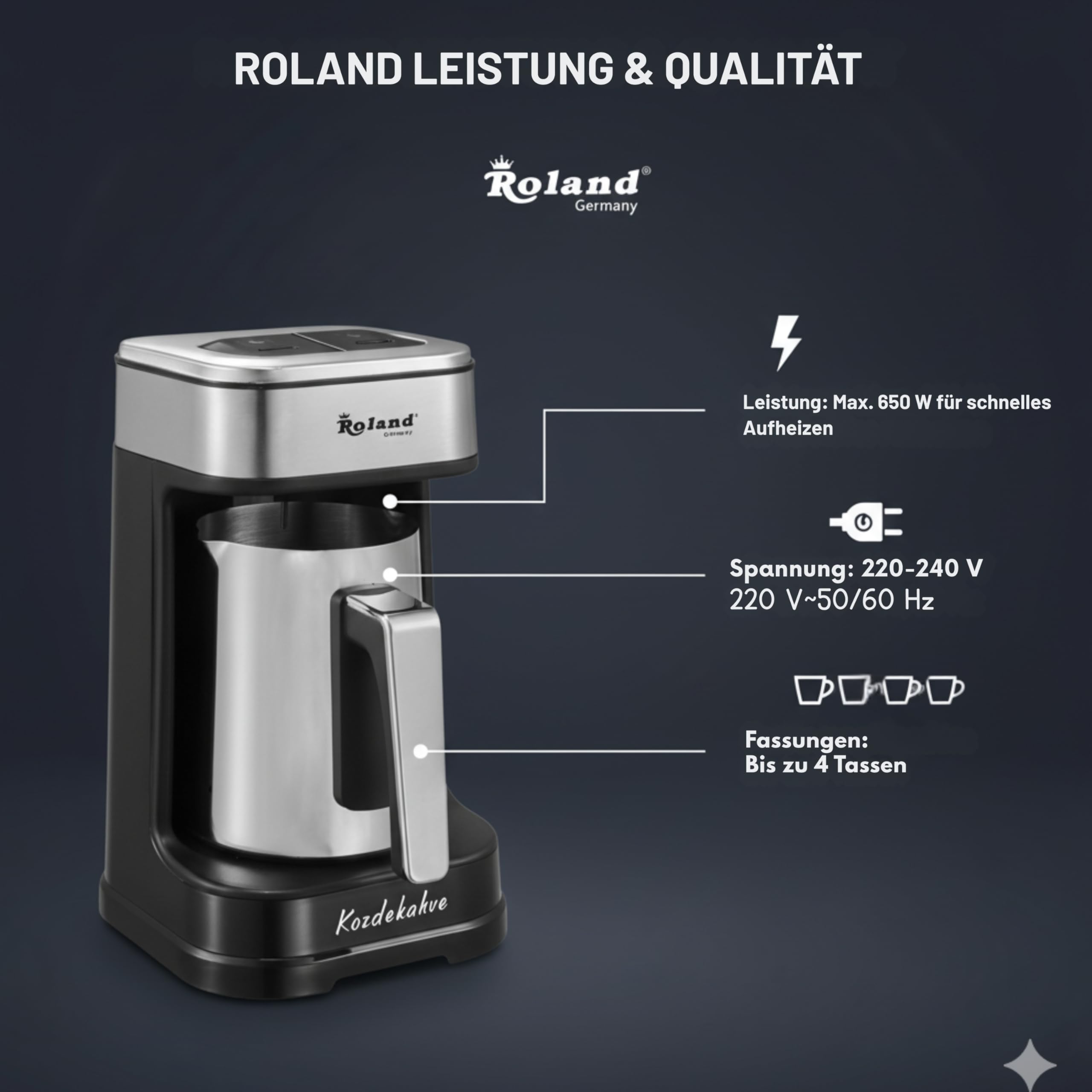 Türkische Kaffeemaschine, 600W, Kaffeekanne, Slow COOK Technologie, 4 Tassen Kapazität, mit Kaffeemesslöffel, Doppelter Ausguss, Ton- und Lichtwarnsystem (1, Silber)
