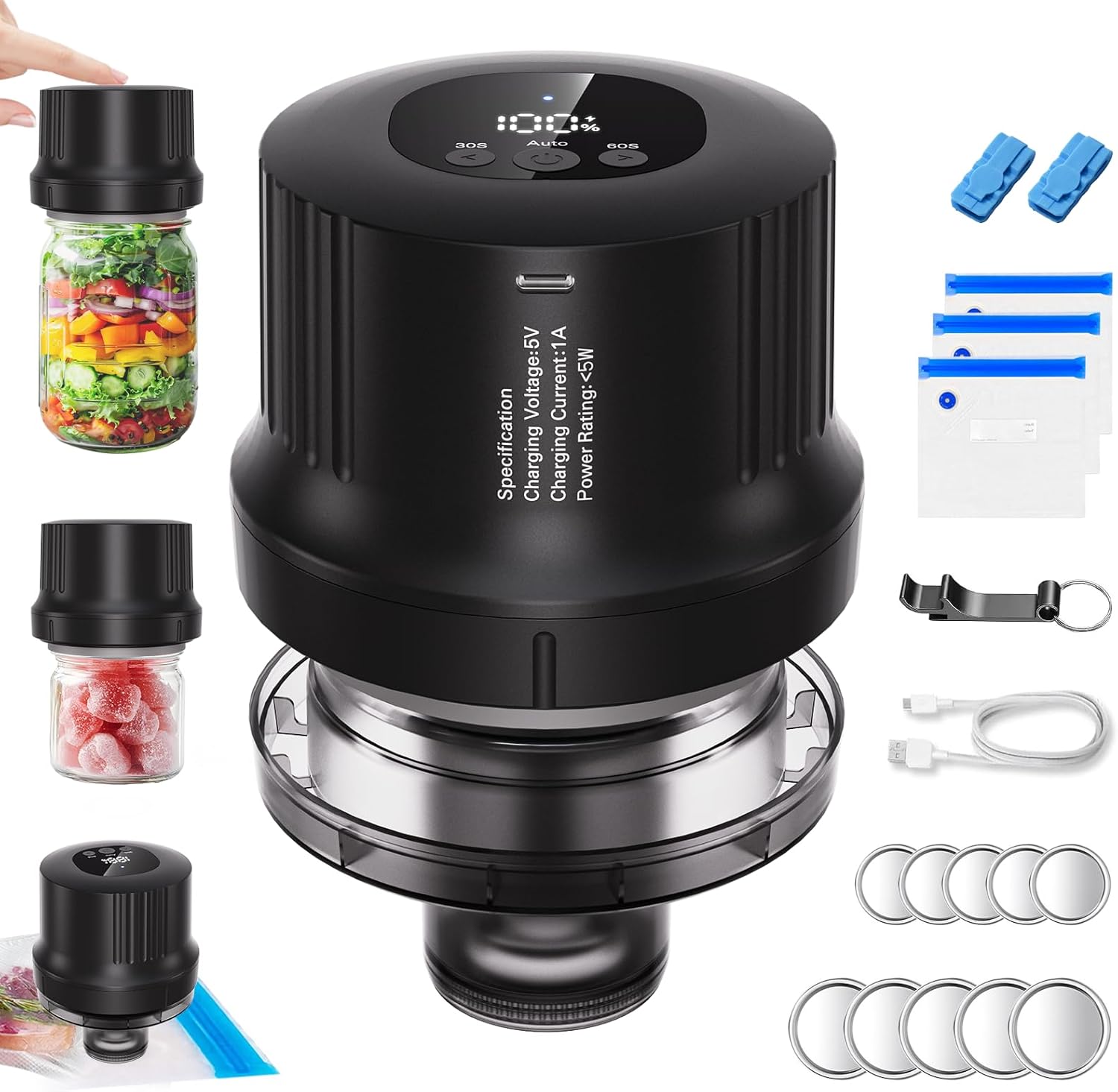 Mason Jar Vacuum Sealer Kit for Regular & Wide Mouth Mason Jars, Automatic Stop Electric Sealer for Vacuum Bags Containers