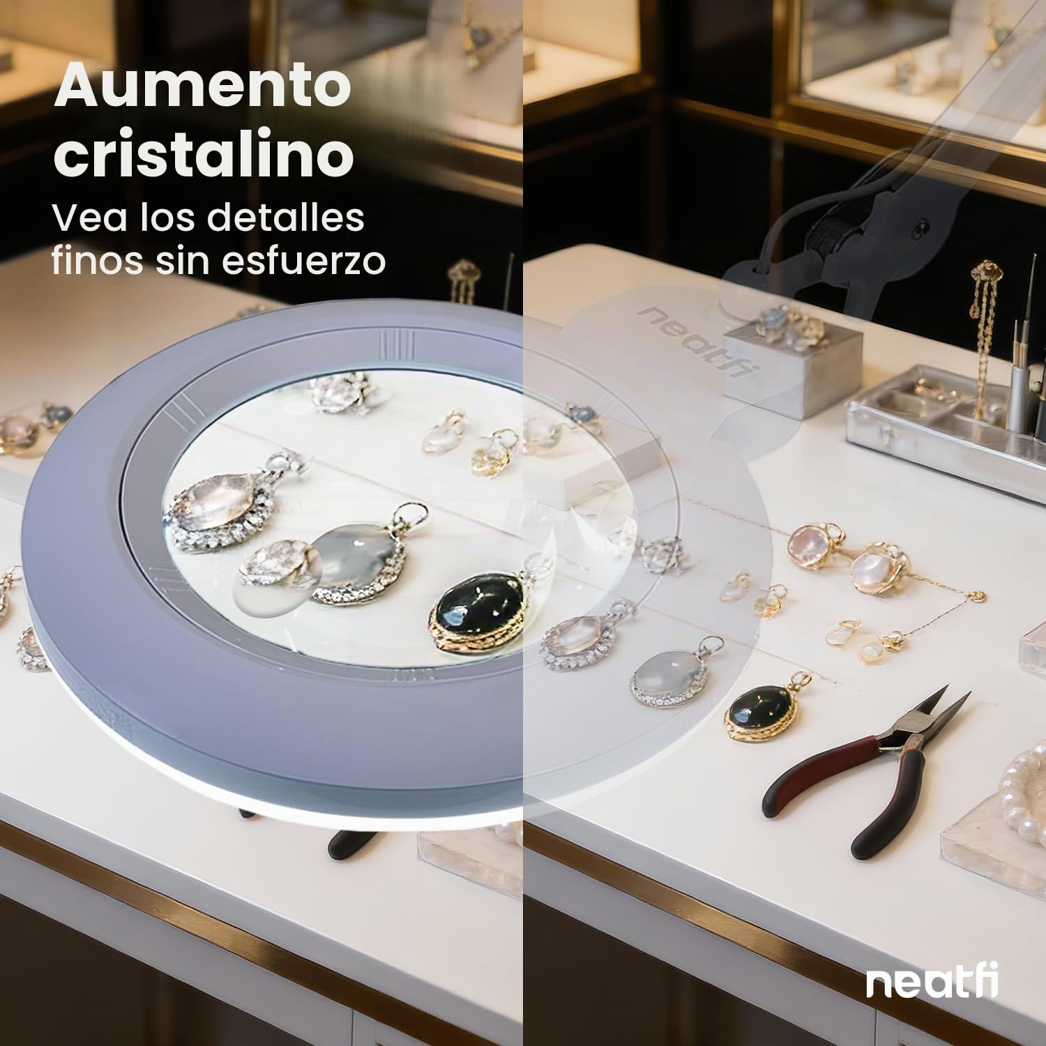 Neatfi XL Lámpara Lupa LED Bifocal – Lente Acrílica de 18 cm, Aumento 2,25X y 6X, 1.600 Lúmenes Regulables | Brazo Ajustable | Ideal para Manualidades y Lectura (Blanco, con Base)