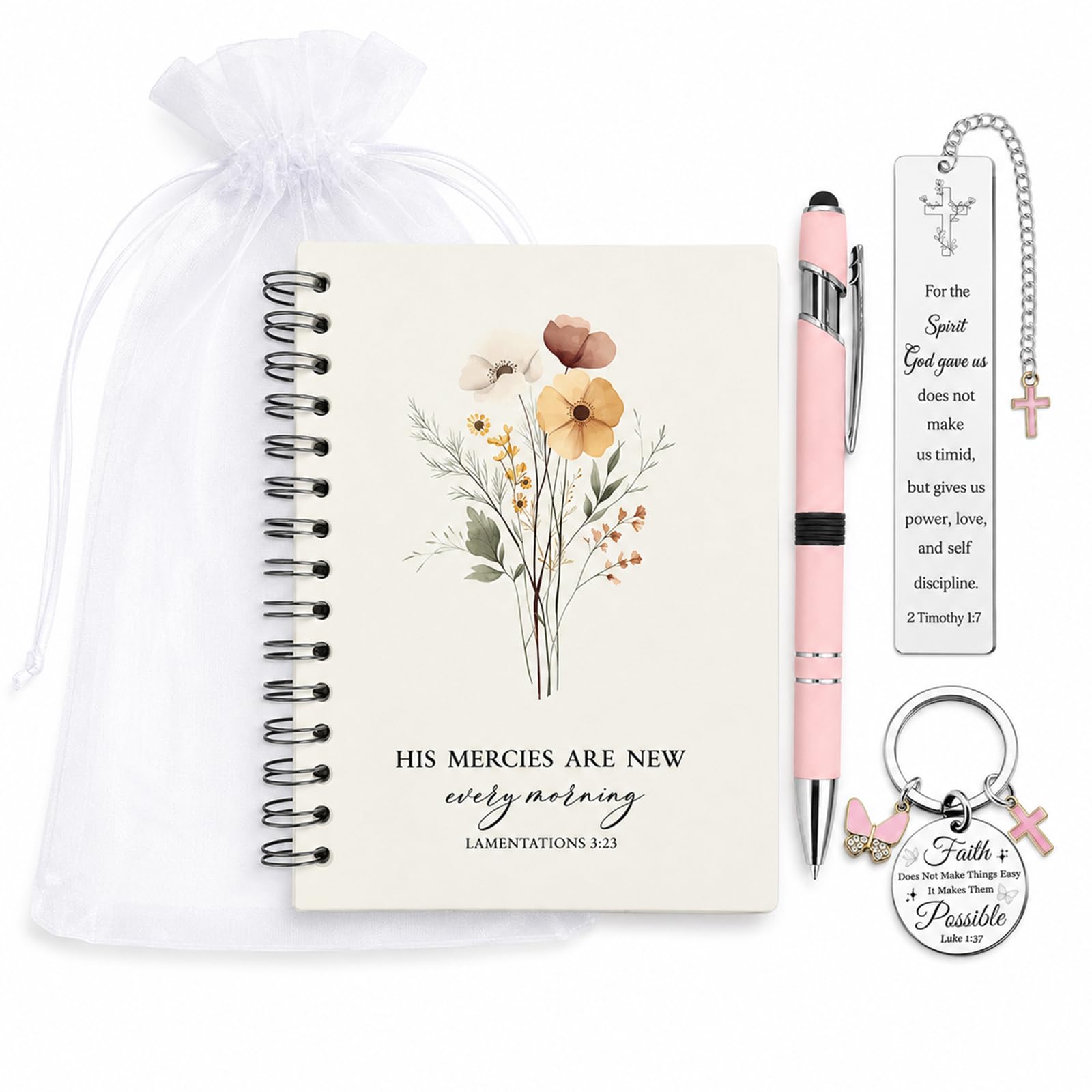 Nodrex Christian Gifts for Women Stationery Set, A6 Notebook and Pen Set with Bookmark, Keychain and Organza Bag, Religious Keepsake for Baptism and Church