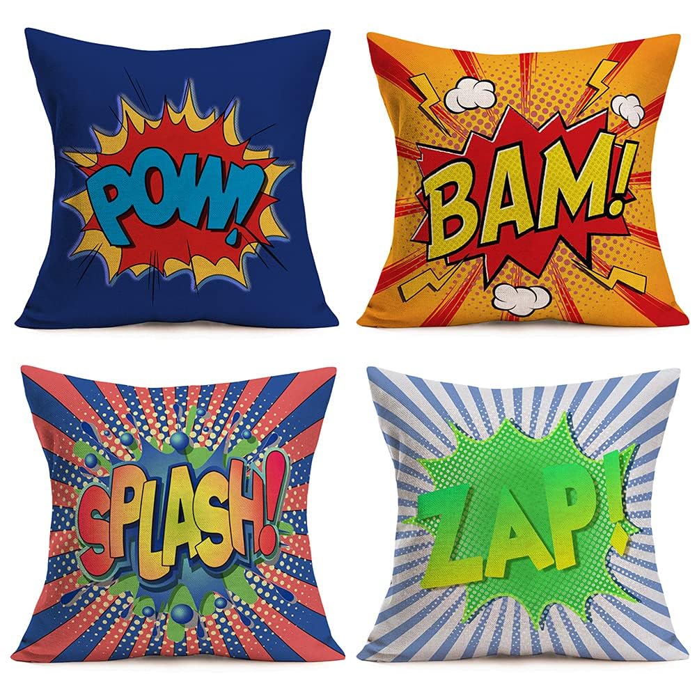 Super Hero Quote Pillow Covers 18" x 18" Set of 4 Pow/Bam/Splash/Zap with Exclamation Pattern Art Comic Design Decorative Throw Pillow Covers Cushion Case for Sofa Couch