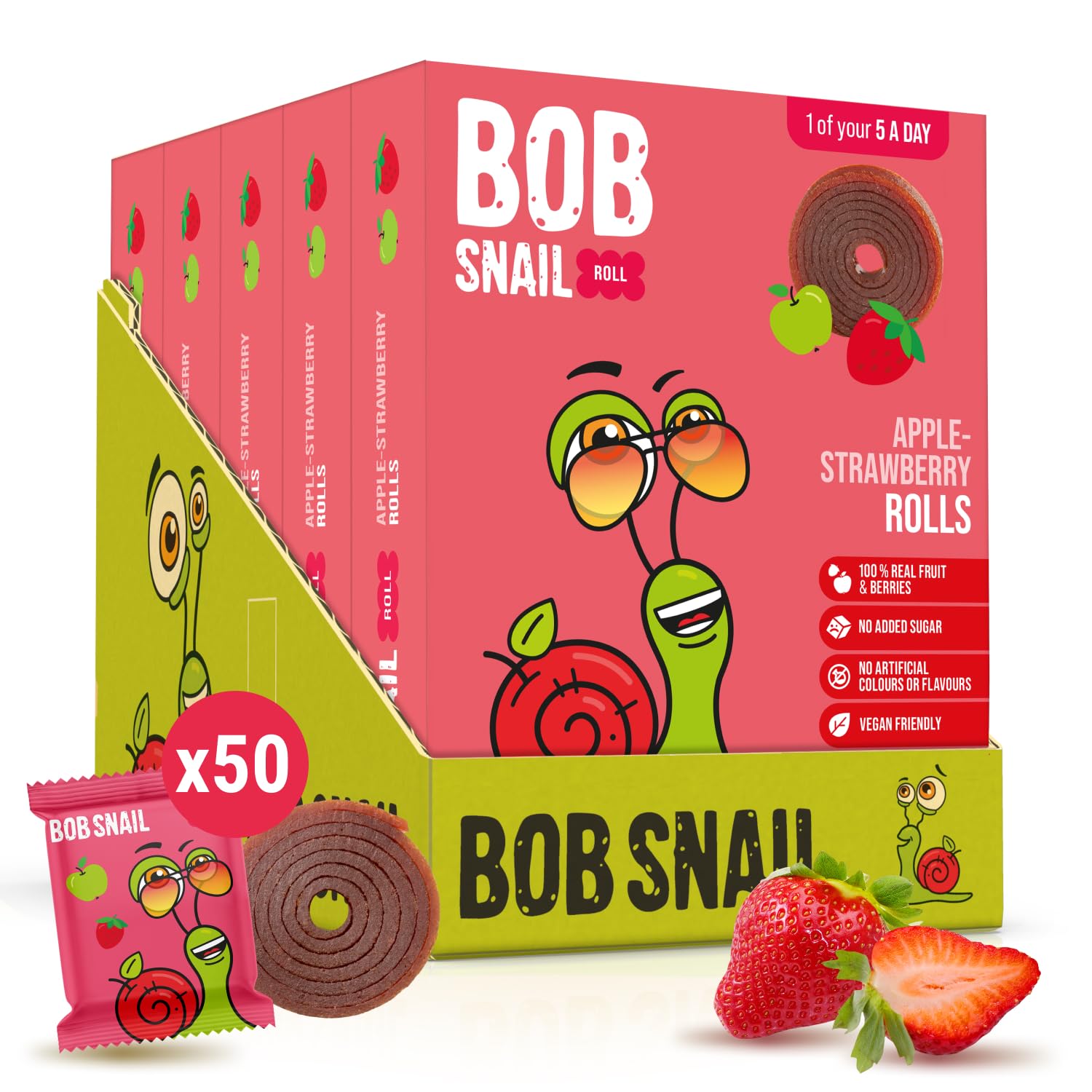 Bob Snail Fruit Roll Ups – Healthy Sweets Snacks, Real Dried Fruits, No Added Sugar, Vegan, Nut Free, Candy for Adults and Kids with Strawberry – Bulk 50 pcs Rolls, 500g