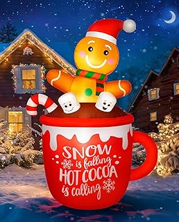 Decoración inflable de Navidad de 6 pies para exteriores, lindo hombre de jengibre en taza de cacao caliente, decoración de patio, luz LED integrada para fiestas, Navidad, Año Nuevo