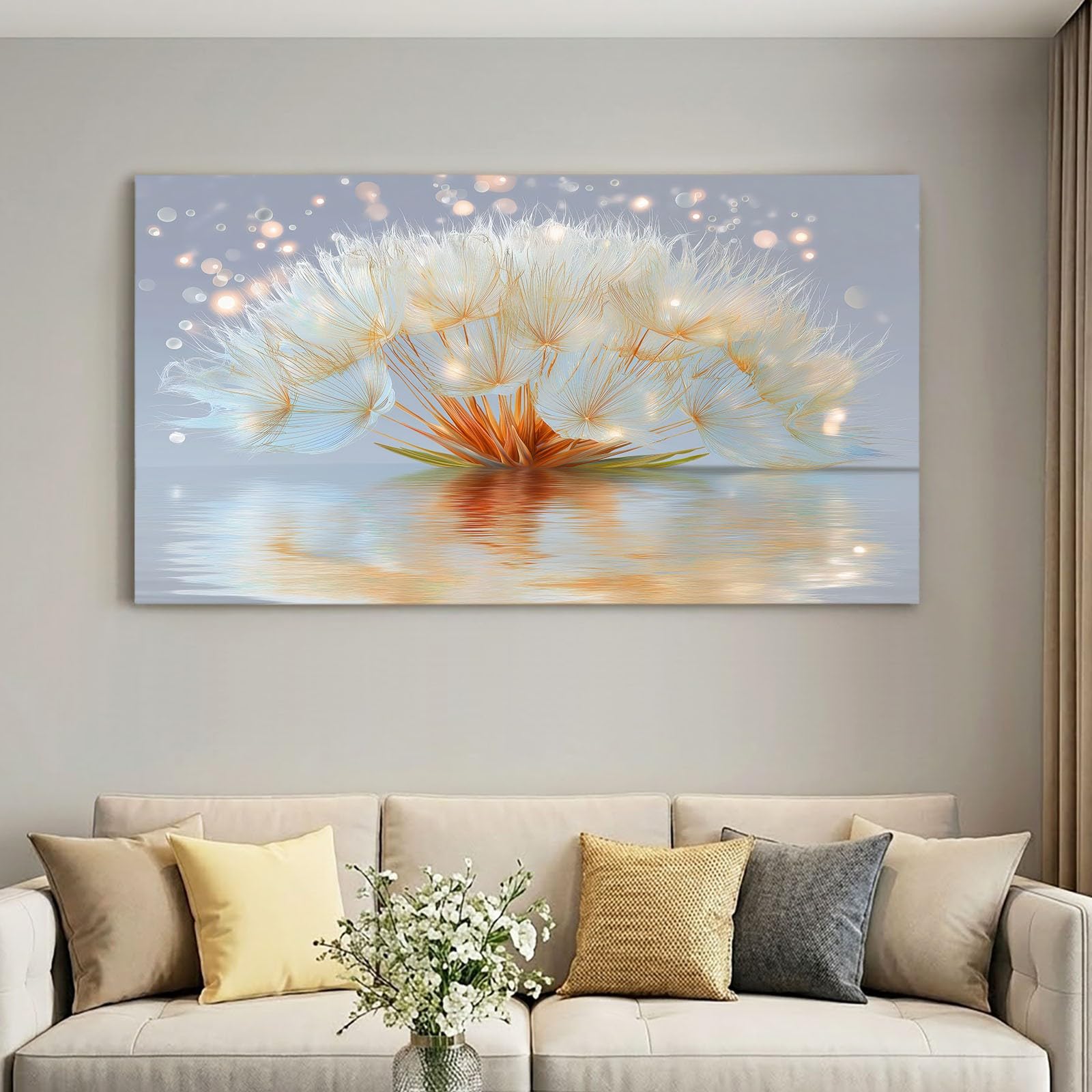 Lienzo decorativo para pared, romántico, gris, marco para salón, plantas, diente de león, pintura decorativa para oficina, pasillo y dormitorio, 90 x 60 cm