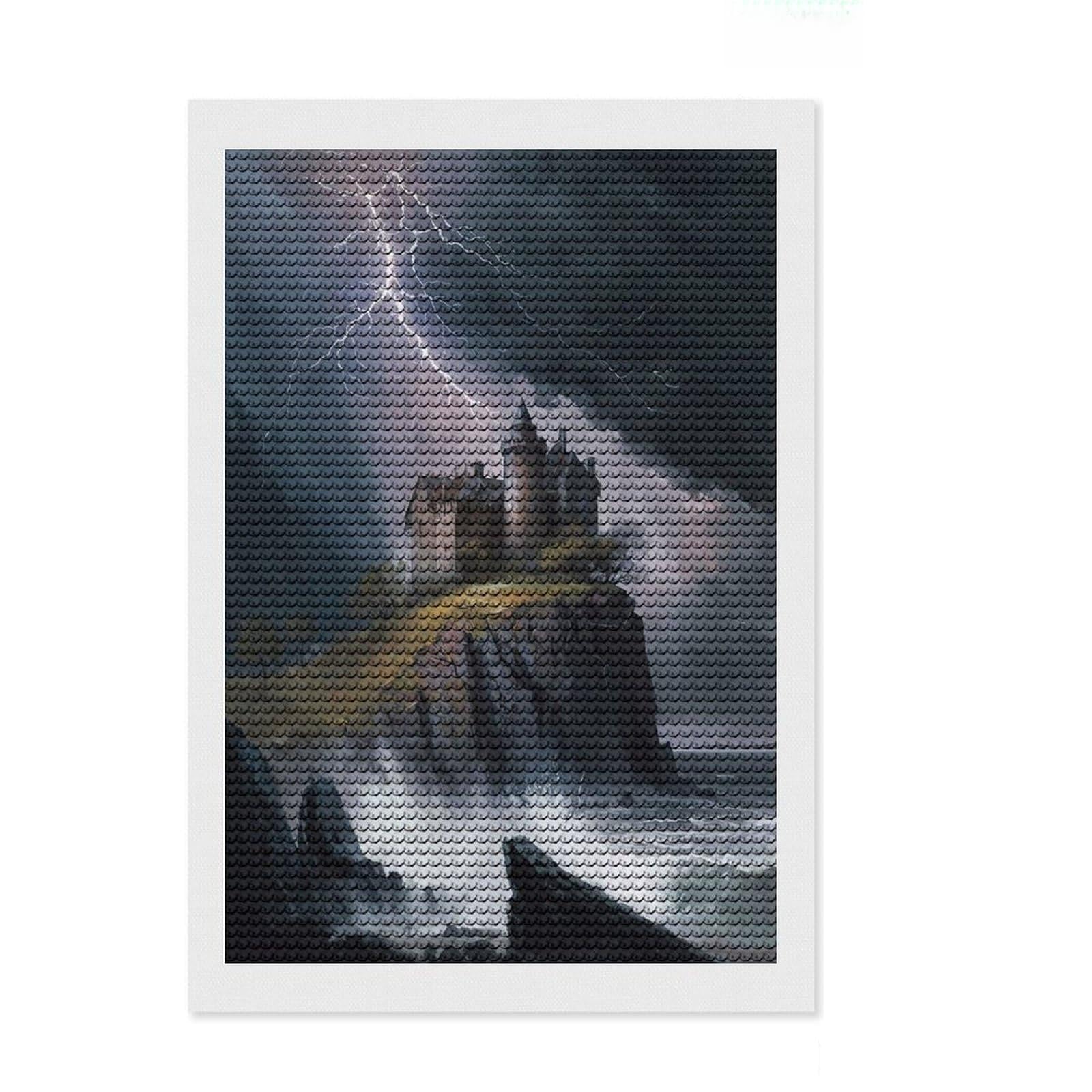 Junmoney Burnt Out Castle on Cliff DIY Diamond Art Canvas Kit 8"x12", Birthday Gift, Vintage Style Decor, for Beginners, Artistic Hobby