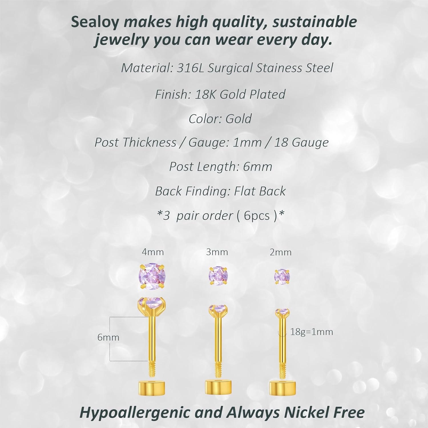 Hypoallergenic Gold Flat Back Stud Earrings for Women - 3 Pairs White/Purple/Pink CZ Screw Back Earrings Set for Cartilage, Helix, Earlobe & Multiple Piercings, Surgical Stainess Steel Safe for Sensitive Ears - Image 2