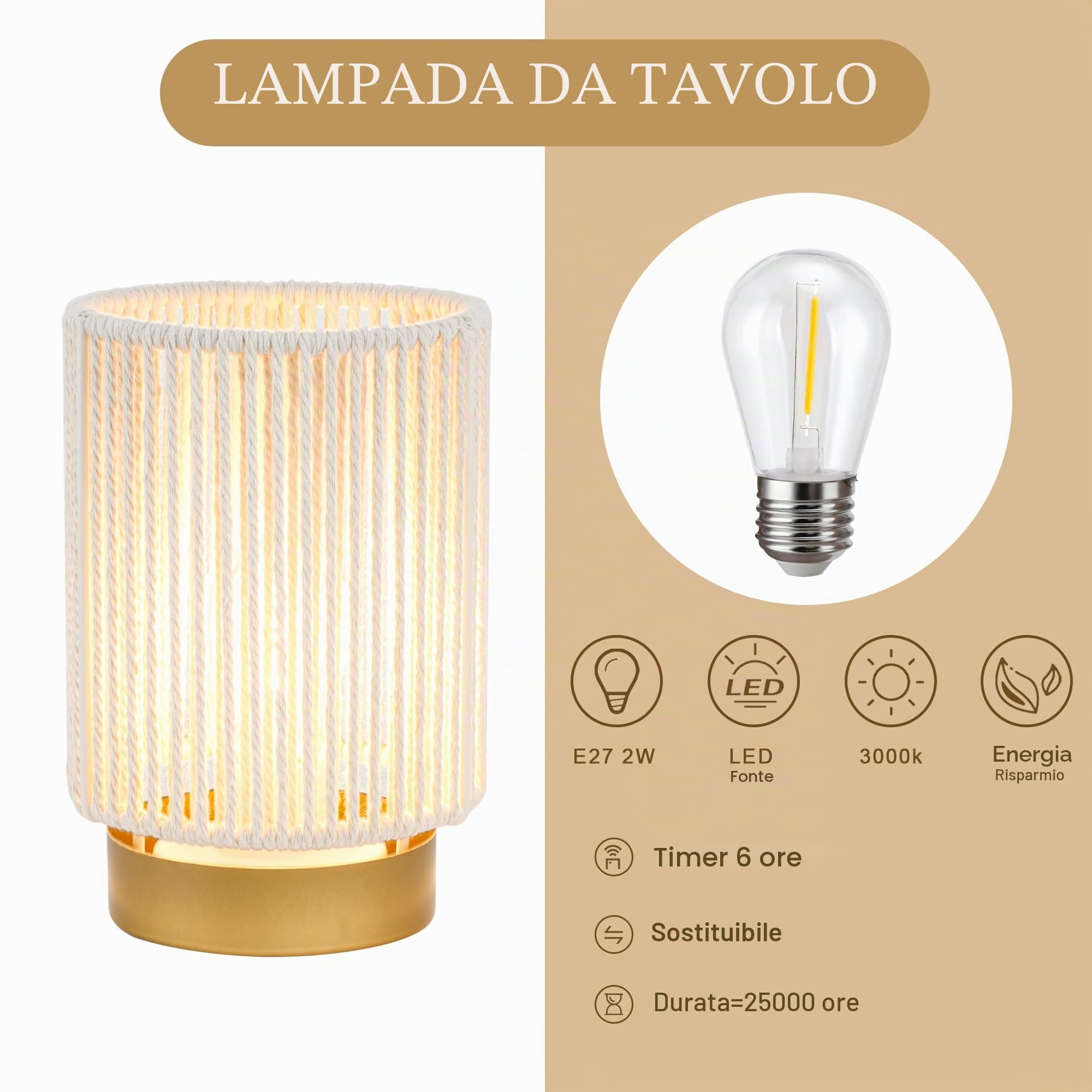 JHY DESIGN Set di 2 lampade da tavolo in corda di cotone intrecciato, altezza 17 cm, funzionamento a batteria, con timer di 6 ore accanto alle lanterne, ideale per soggiorno, camera da letto