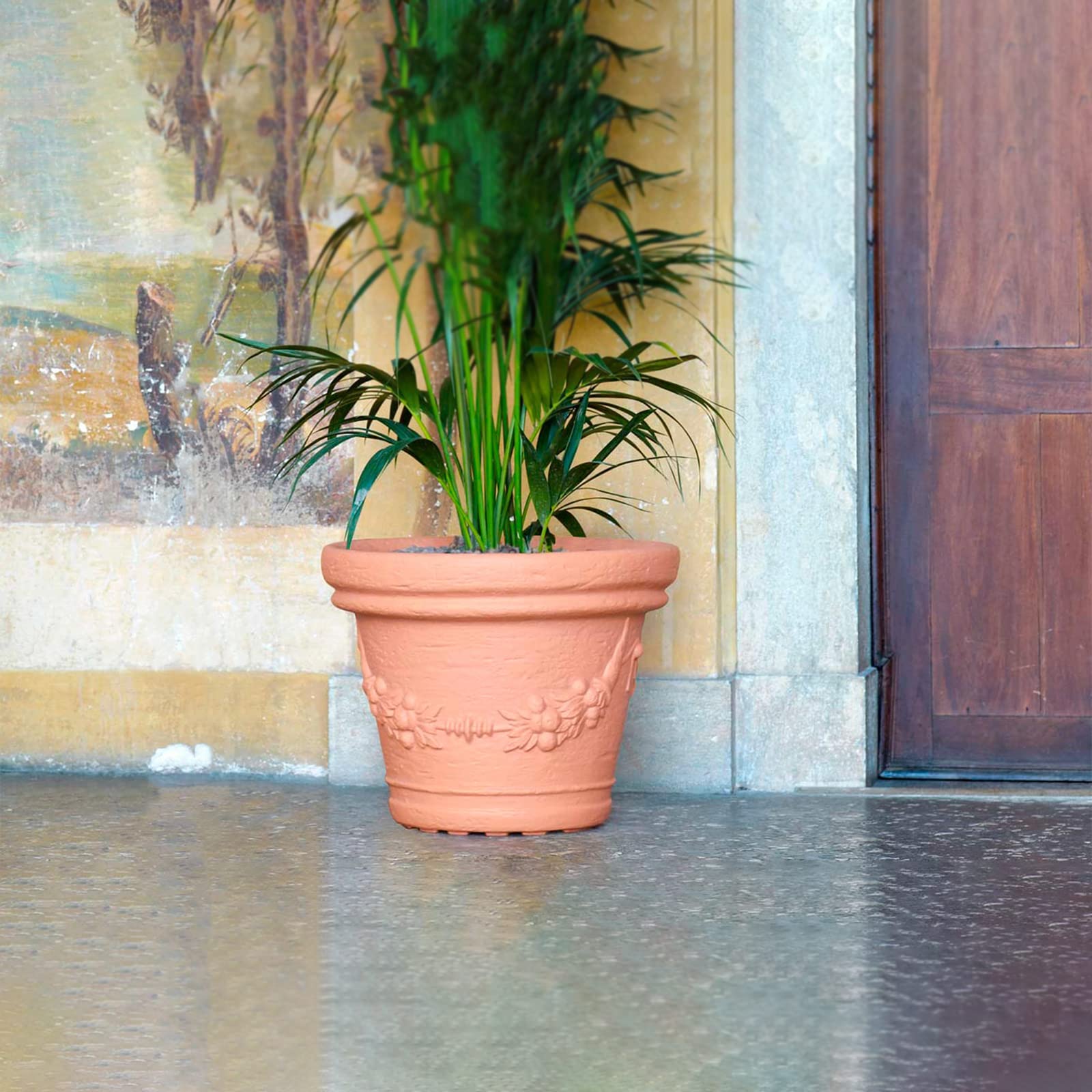Mondo Viro Vaso in resina impruneta Elios per esterno con sottovaso con riserva d'acqua (cm Ø59x48h, Terracotta)