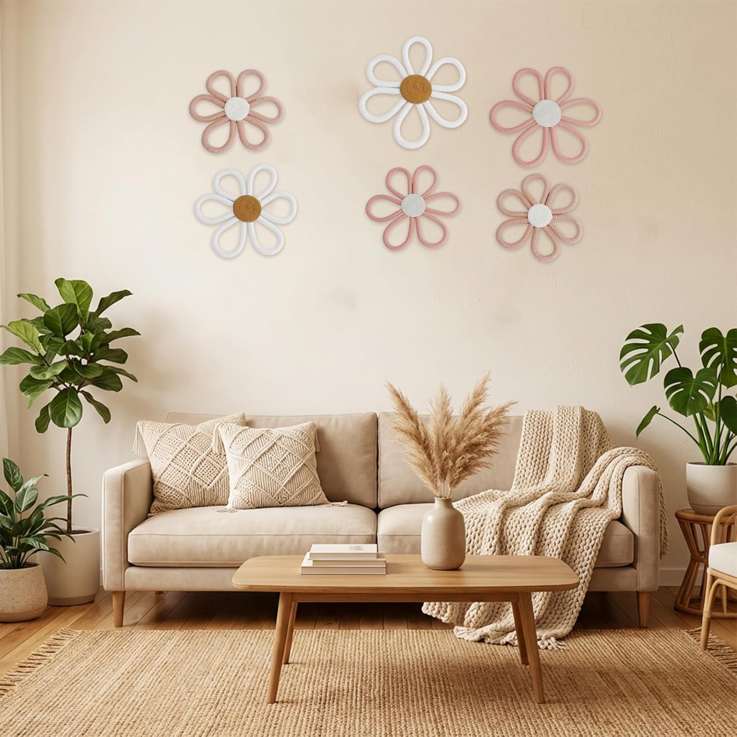 CONEHOY 6 Pcs Boho Nursery Decor Daisy with Hooks 3 Size Daisy Flower Wall Decor Bohemian Nursery Decorations Flower Woven Macrame Wall Hanging for Dorm Home Art(Pink, Brown, White)