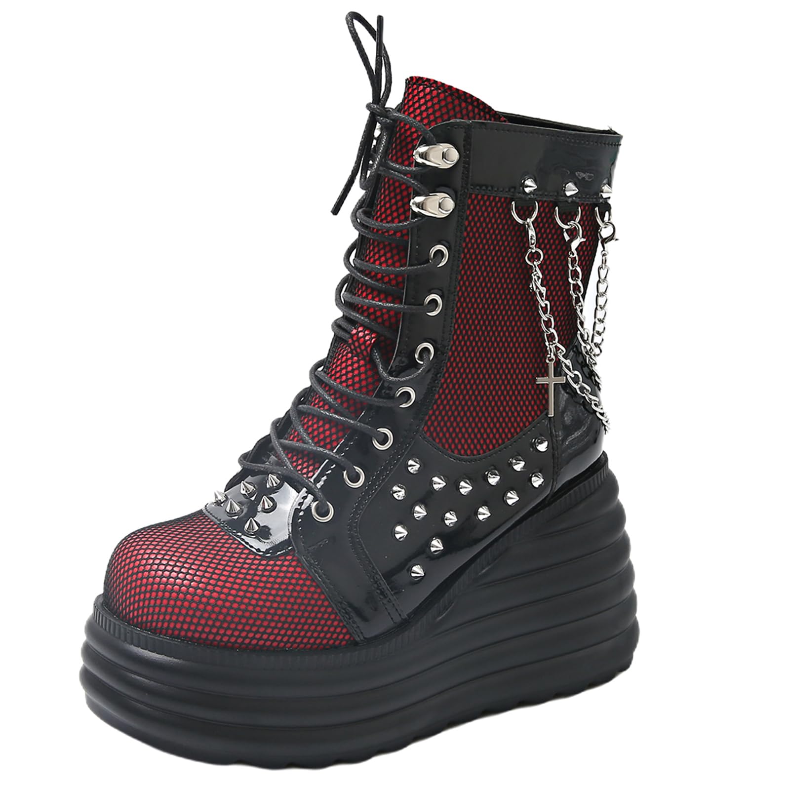 Womens Gothic Combat Ankle Boots Chain Buckle Lace Up Round Toe Platform Chunky Wedge Booties Punk Motorcycle Boots