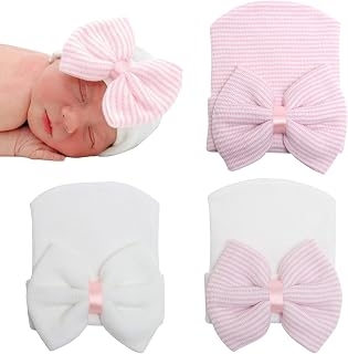 DRESHOW BQUBO Newborn Hospital Hat with Big Bow - Soft 100% Cotton Baby Beanie Cap for 0-3 Months Infants Girls Boys