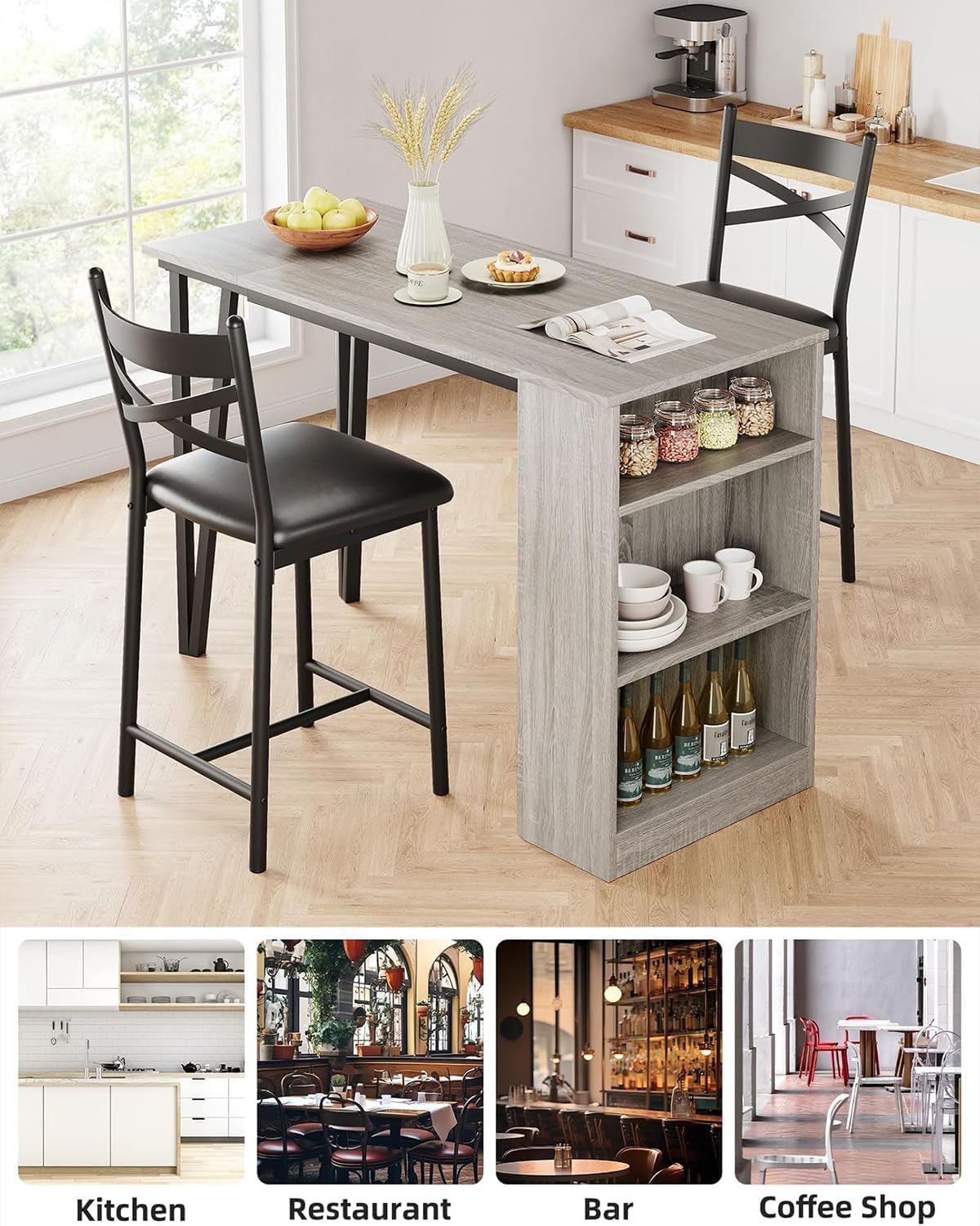 Garvee Bar Table and Chairs Set, 3 Piece Bar Table Set with with Flip Top Extension and Storage Shelves, Dining Table Set for 2, Suitable for Small Space Kitchen Apartment, Grey