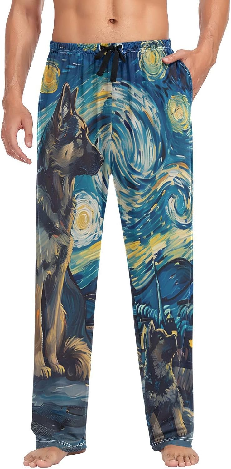 ALAZA Dog Van Goghs Starry Night Sky Men's Sleepwear Mens Pajama Pants Bottoms with Pockets, S