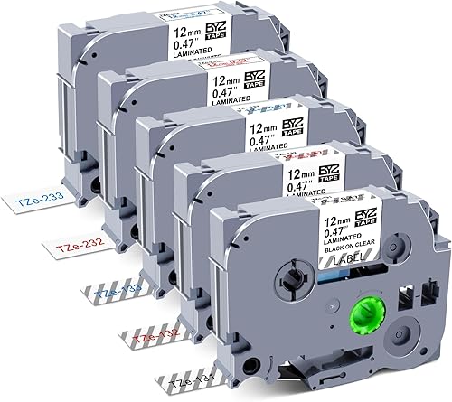 Paquete de 5 cintas de color laminadas de 0.019 in, compatibles con Brother P Touch TZe-131, 132, 133, 232, 233, 0.47 (negroRdazul sobre
