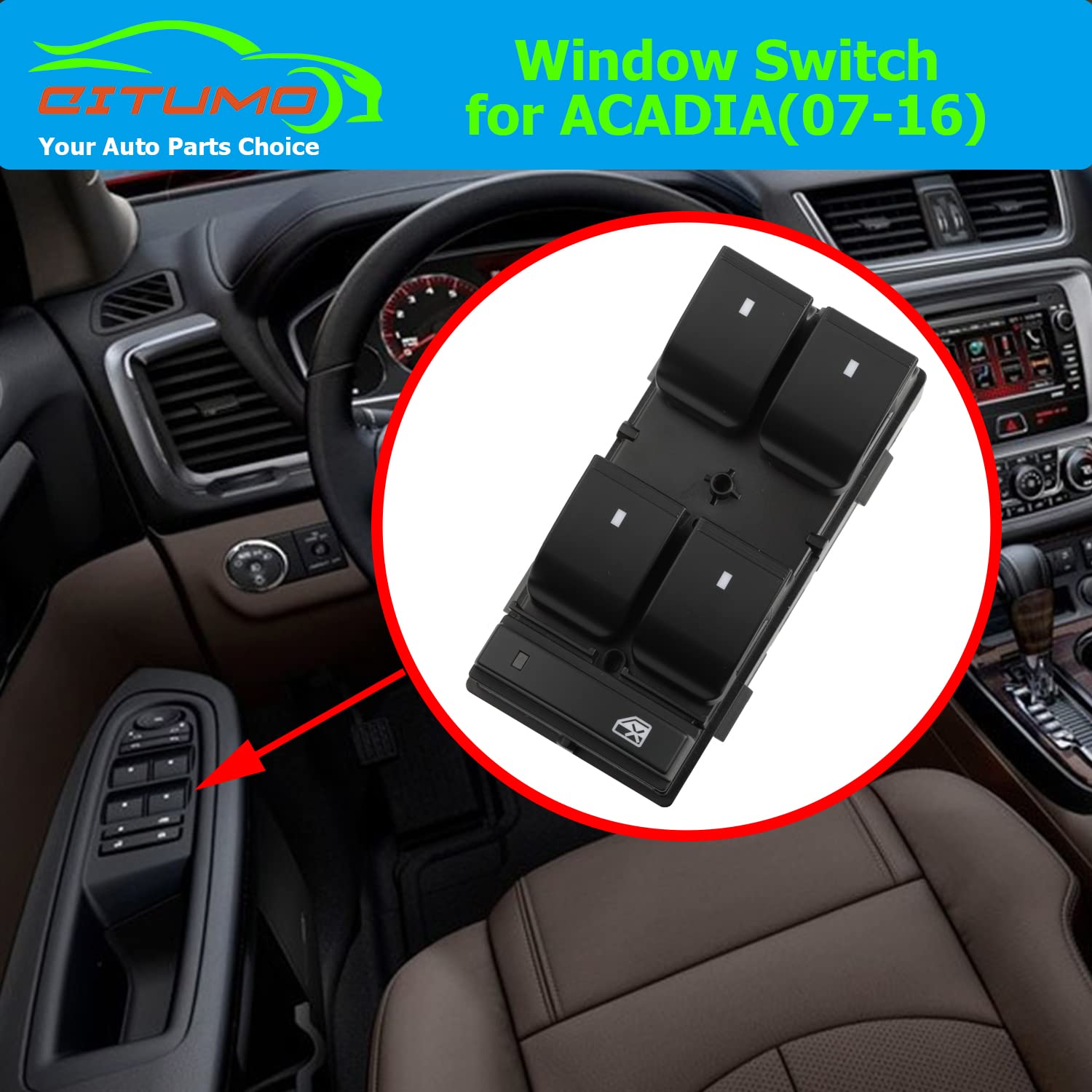 20945224 Driver Side Master Power Window Control Switch with RED Light Compatible with2007-2016 GMC Acadia, D1961F, D1930F