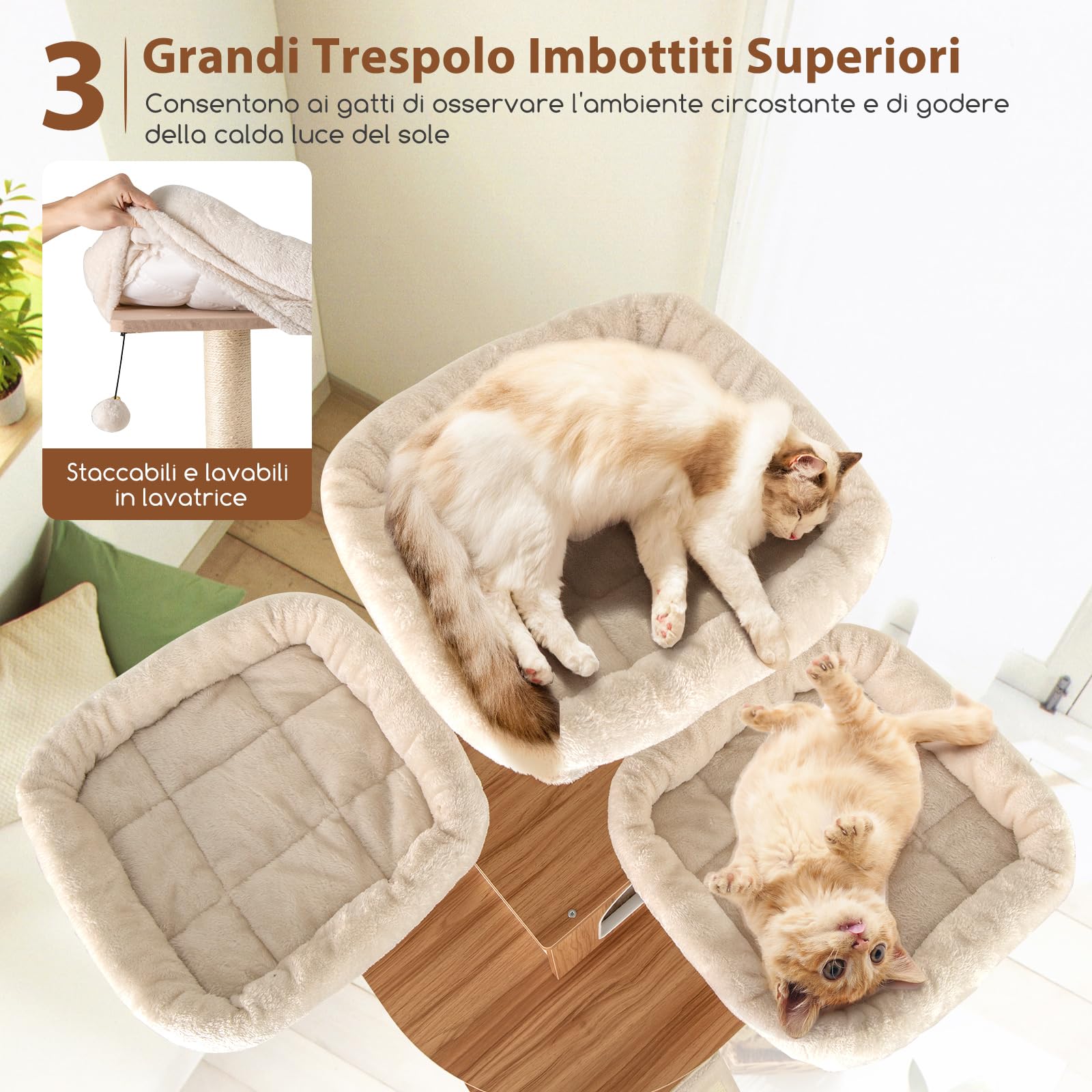 GYMAX Albero per Gatti Alta 168 cm, Torre Multilivello con Piattaforma, Amaca, Pannello Graffiato e Tiragraffi in Sisal, Palline Sospese, Naturale