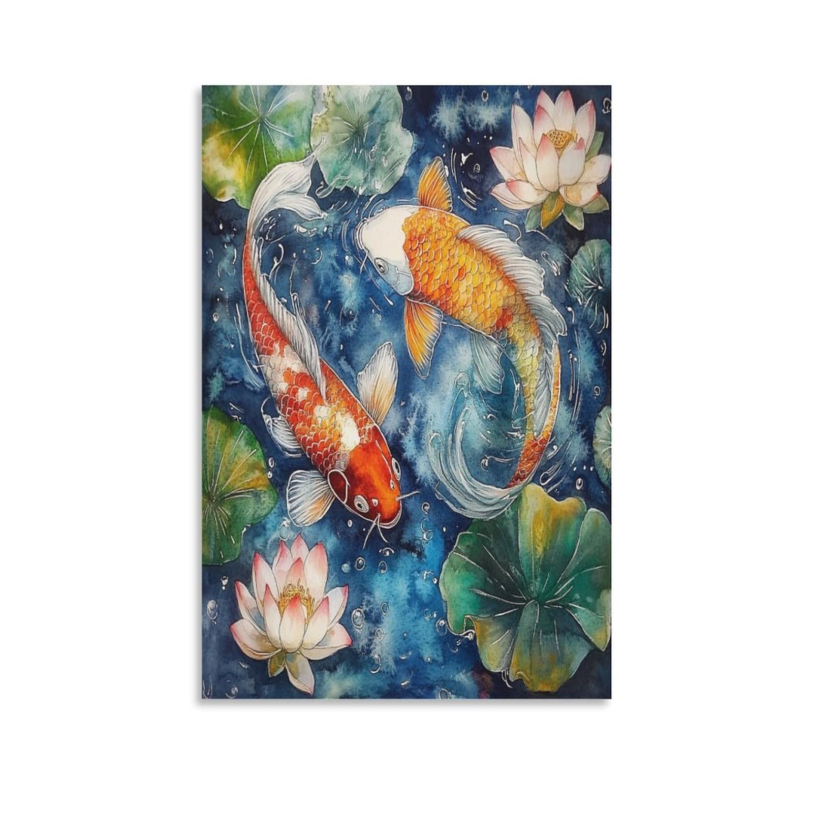 Euumkoo Unframed Watercolor Fish Canvas Wall Art, Two Animals Country Lotus Flower Picture Painting On Canvas, Print Poster Decoration Artwork For Home Living Room Bedroom Wall Decor Unframe 20X30inch(50X75cm)