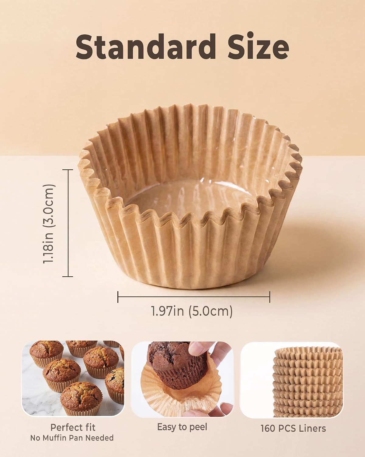 Bake Choice Standard Cupcake Liners for Baking, 160PCS, Non-stick, Natural