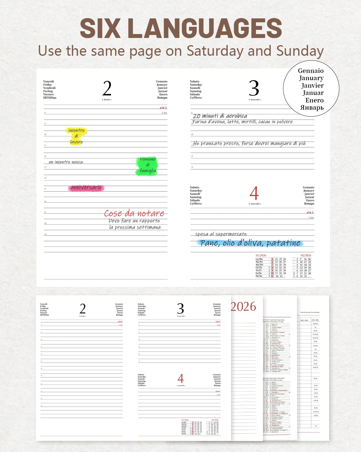 Agenda 2026 (DE/IT/ES/EN/FR) Impermeabile - Copertina in PU+CARTA con Elastico | Pagina al Giorno | Formato A5, Festività UE, Gennaio-Dicembre 2026