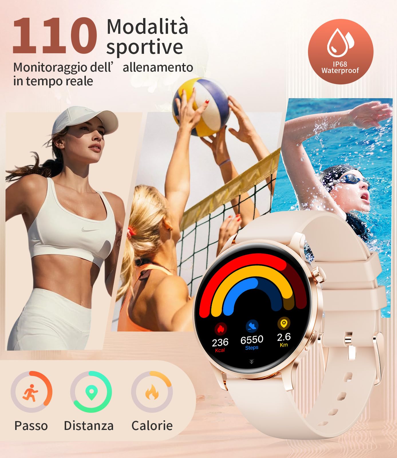 Smartwatch Donna, 1.32" AMOLED Orologio Intelligente Donna con Chiamate Bluetooth, 100+ Modalità Sportive Fitness Tracker con 2 Cinturini, Podometro, Smart Watch per Android iOS (Oro rosa)