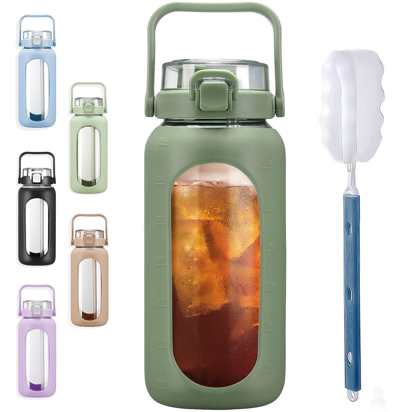 BLUEGO 64 oz Glass Water Bottles with Straw Time Marker Half Gallon Large Motivational Water Bottle with Silicone Sleeve 2 Liter Large Glass Water Jug for Gym, Sports& Workout, Olive
