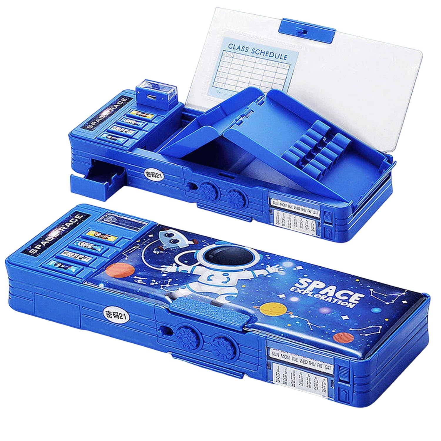 SANZEZ COOLive Pop up Multifunction Pencil Case for Kids Astronaut Spacesuit Pen Box Bag Pencil Holder Starry Sky Cute Pencil box for Boys with Sharpener Password Lock Schedule Whiteboard (Blue)