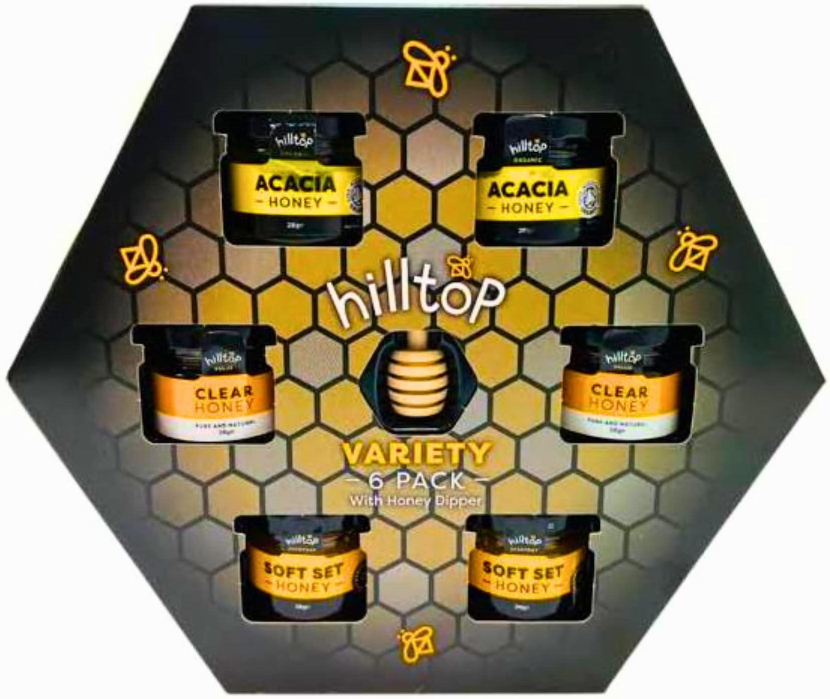 Honey Gift Set - Hilltop Variety 6 Pack With Dipper - 6 X Mini Jars With Lids Tea Gifts British Gifts Mini Hamper Gifts Birthday Presents Christmas Gifts For Couples Food Gifts For Women Men
