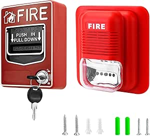 QWORK Wired Emergency Sound and Light Fire Alarm Station, 12 / 24V DC Wired Strobe Siren Horn and Dual Action Manual Call Point Panic Button 9-28VDC with 2 Keys