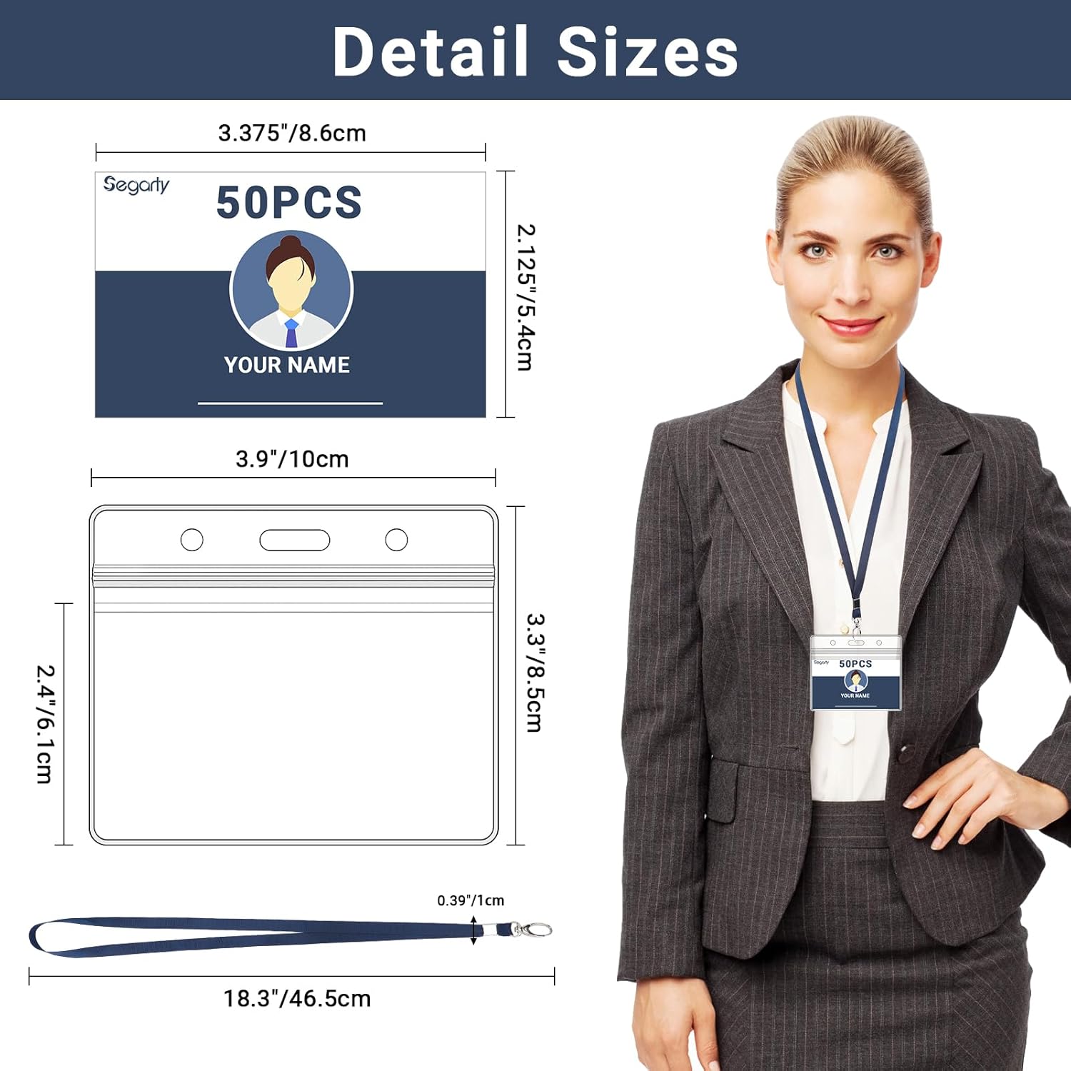 Segarty Lanyard for ID Badge, 50 Pack Horizontal Clear Plastic Name Tags Neck Key Card Badges Holders, Dark Blue Strap Lanyards Clip Waterproof Ziplock Nametag Protector for Business, Student, School