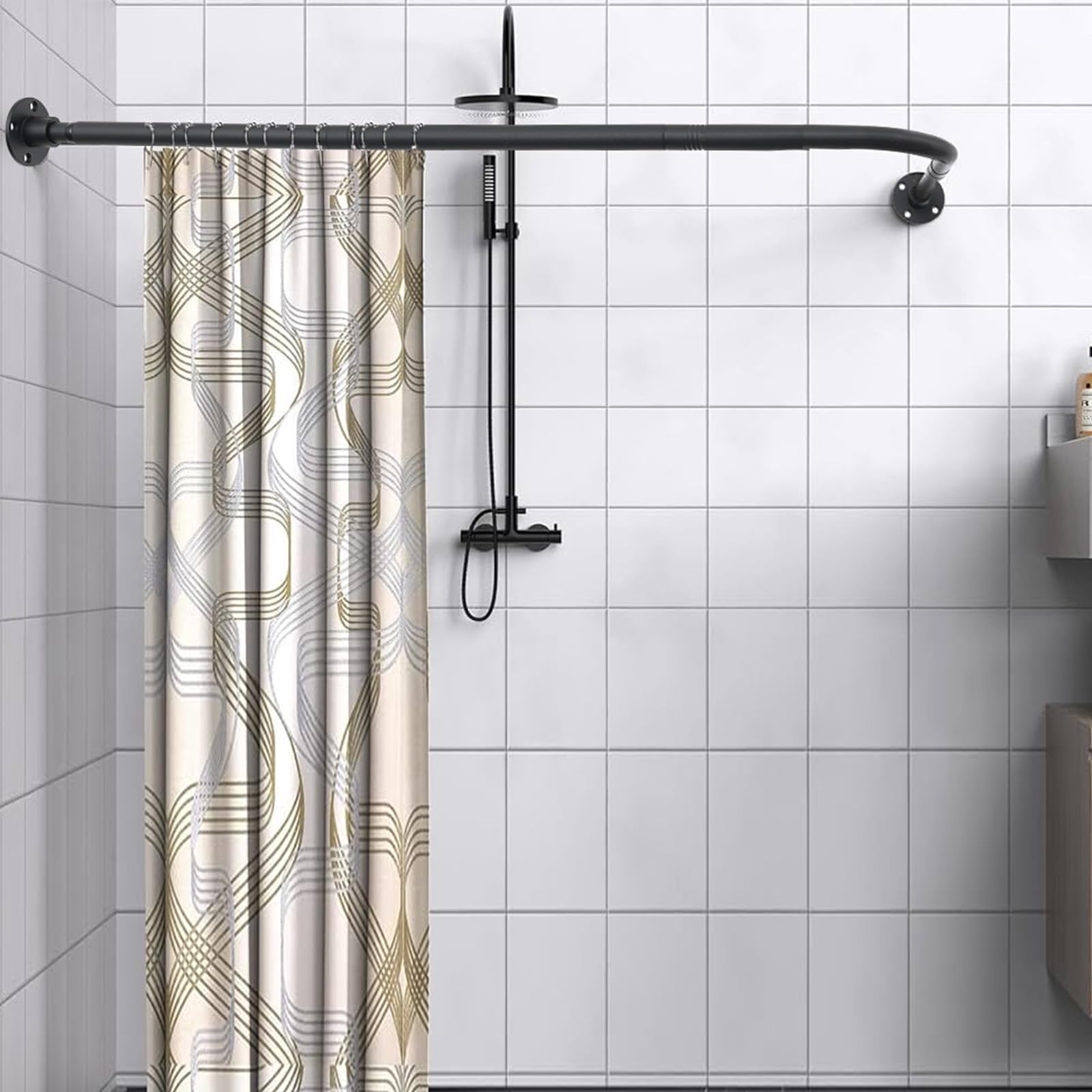 Barra de cortina de ducha en forma de L, barra de ducha de esquina ajustable (60-85 cm x 60-85 cm), Negro Mate Barra de Cortina Curvada Ajustable de 90 Grados Para Baño,Acero Inoxidable