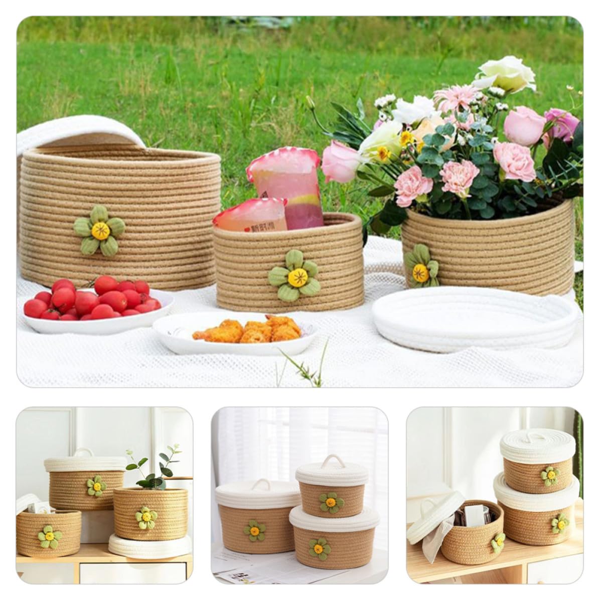 3 Cestas de Almacenamiento Prácticas y Elegantes Tapa de Cuerda de Algodón Tejida para Organizar Snacks y Juguetes Habitación