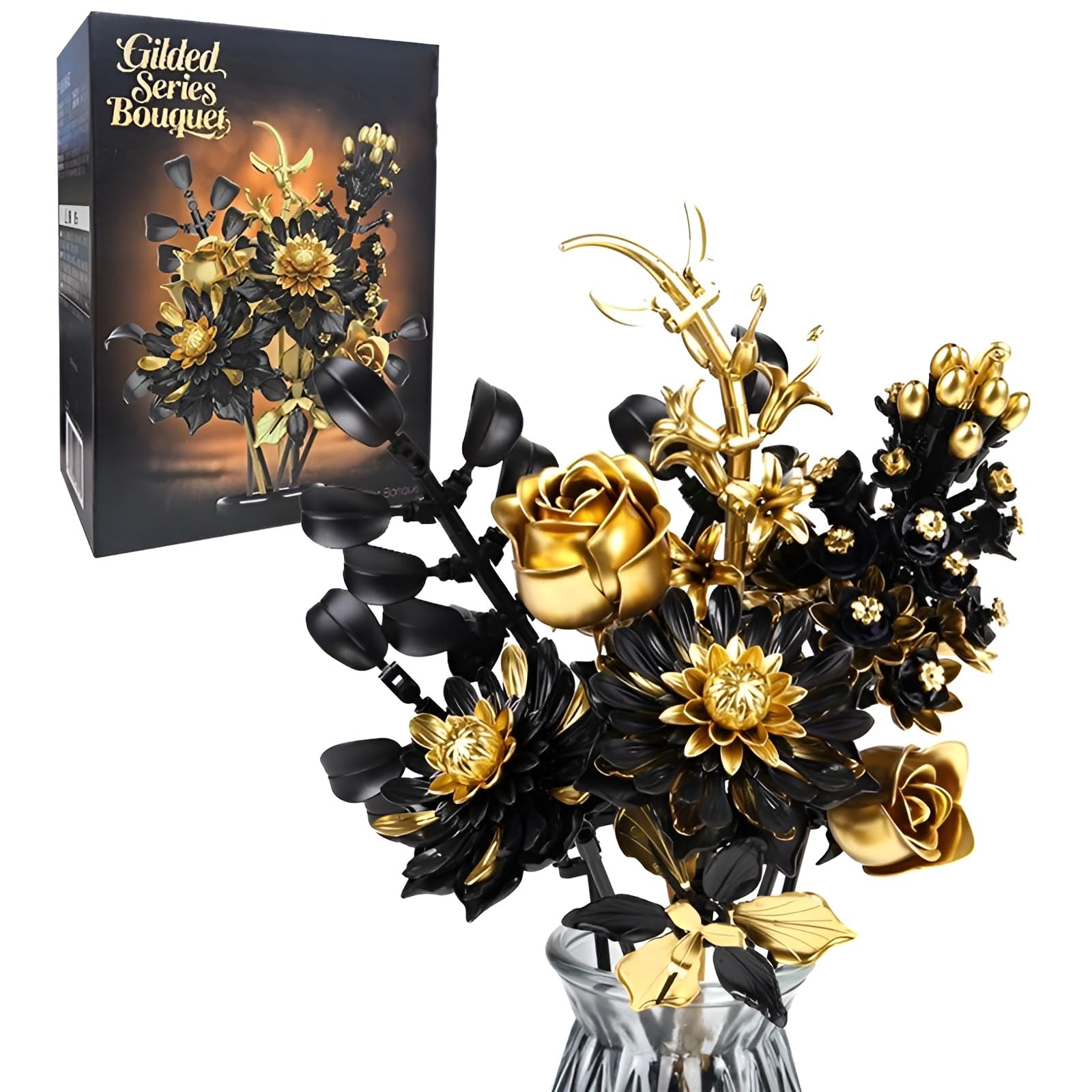 Artificial Flower Bouquet Building Set, Gothic Black Gold Roses & Chrysanthemums Model Toys, Home Decor for Table Centerpiece, Creative Gifts for Adults, Floral Construction Kit (Vase Not Included)