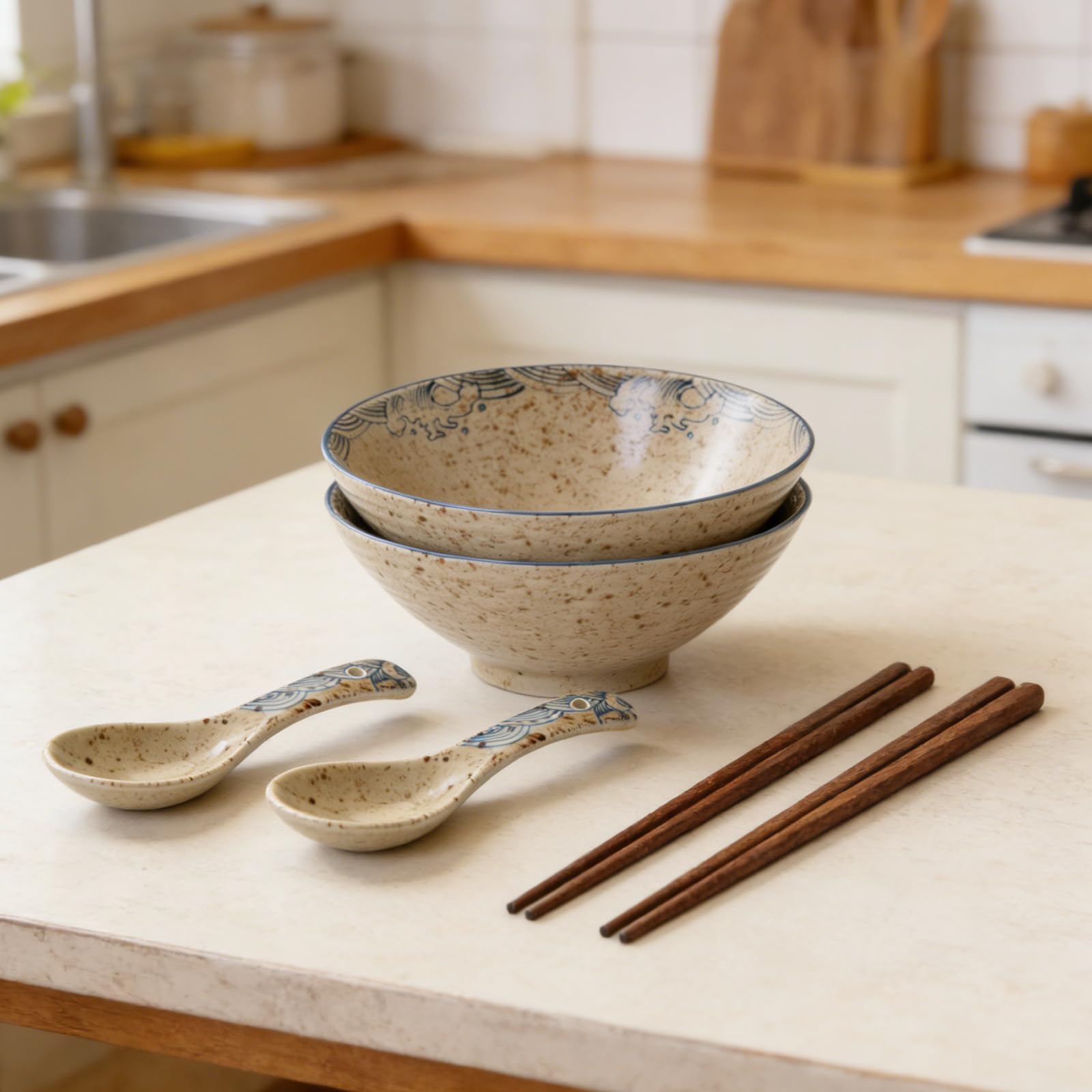 Ramen zestaw 2-częściowy, 2 x 1200 ml ceramiczna miska ramen z pałeczkami i łyżeczkami, duża miska na zupę i salaterkę, zestaw ramen do ramenu, pho, udon, nadaje się do kuchenki mikrofalowej i mycia w