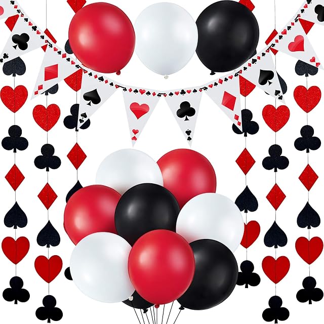 19 Pieces Casino Party Decorations Poker Bunting Banner Casino String Decorations Red Black White Latex Balloons for Birthday Poker Themed Party Decorations