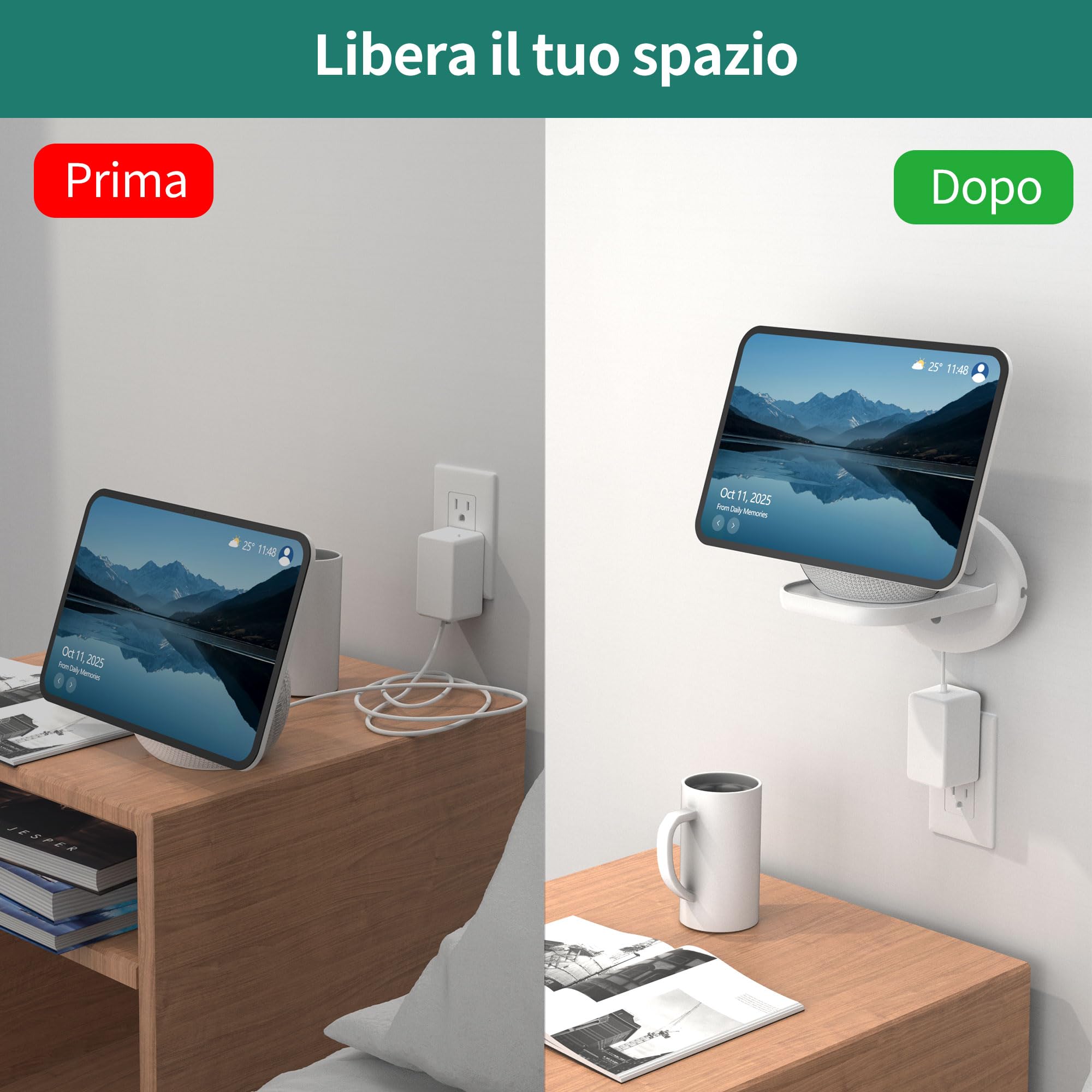 HomeMount Supporto da Parete per Show 11 e Dot Max, Supporto Universale per HomePod Mini, Google Nest Mini, Nest Wi-Fi Point & Cam – Salvaspazio con Gestione Cavi Integrata (Bianco - 1P)