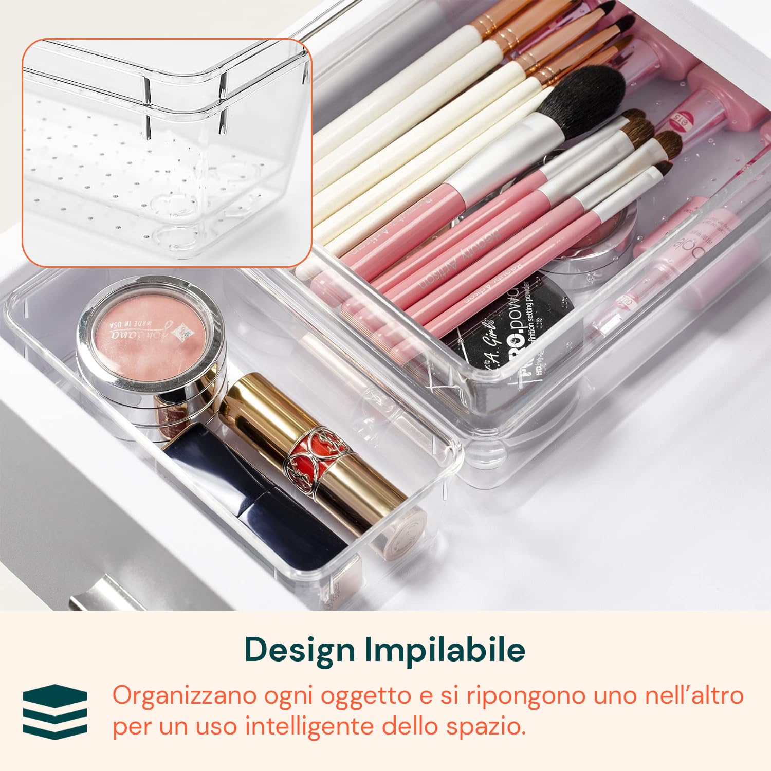 Avilia Set 25 Organizer Cassetti Trasparenti Impilabili - Divisori Modulari Plastica - Contenitori Cassettiera Scrivania, Armadio, Cucina, Make-up - Kit Salvaspazio 4 Formati