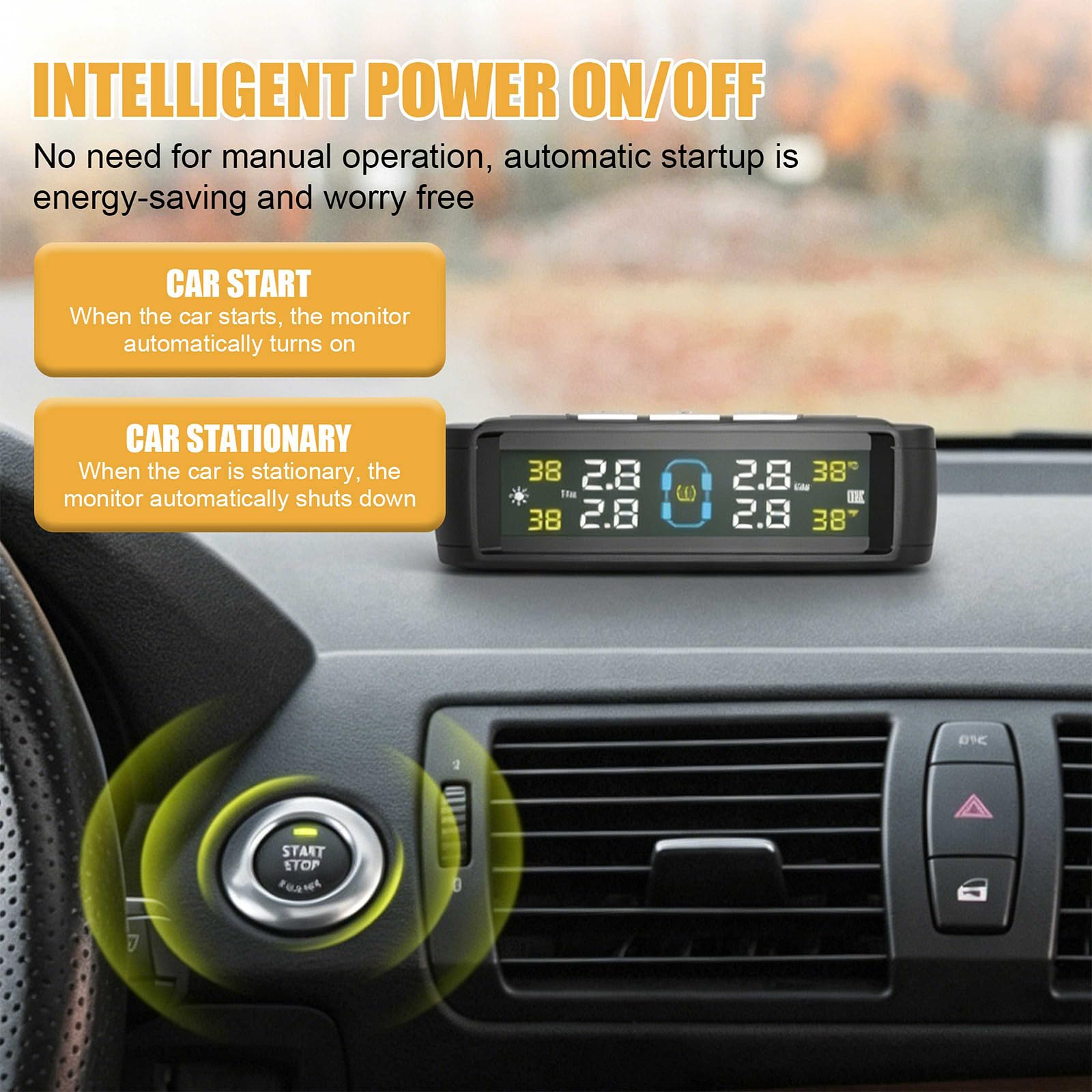 BORDEAG TPMS Reifendruckkontrollsystem, 94 * 67 * 29mm Reifendruckkontrollsystem TPMS, TPMS Reifendrucksensor, Reifendrucküberwachungssystem für PKW SUV Van, Vierfach-Druckanzeige, Solar USB
