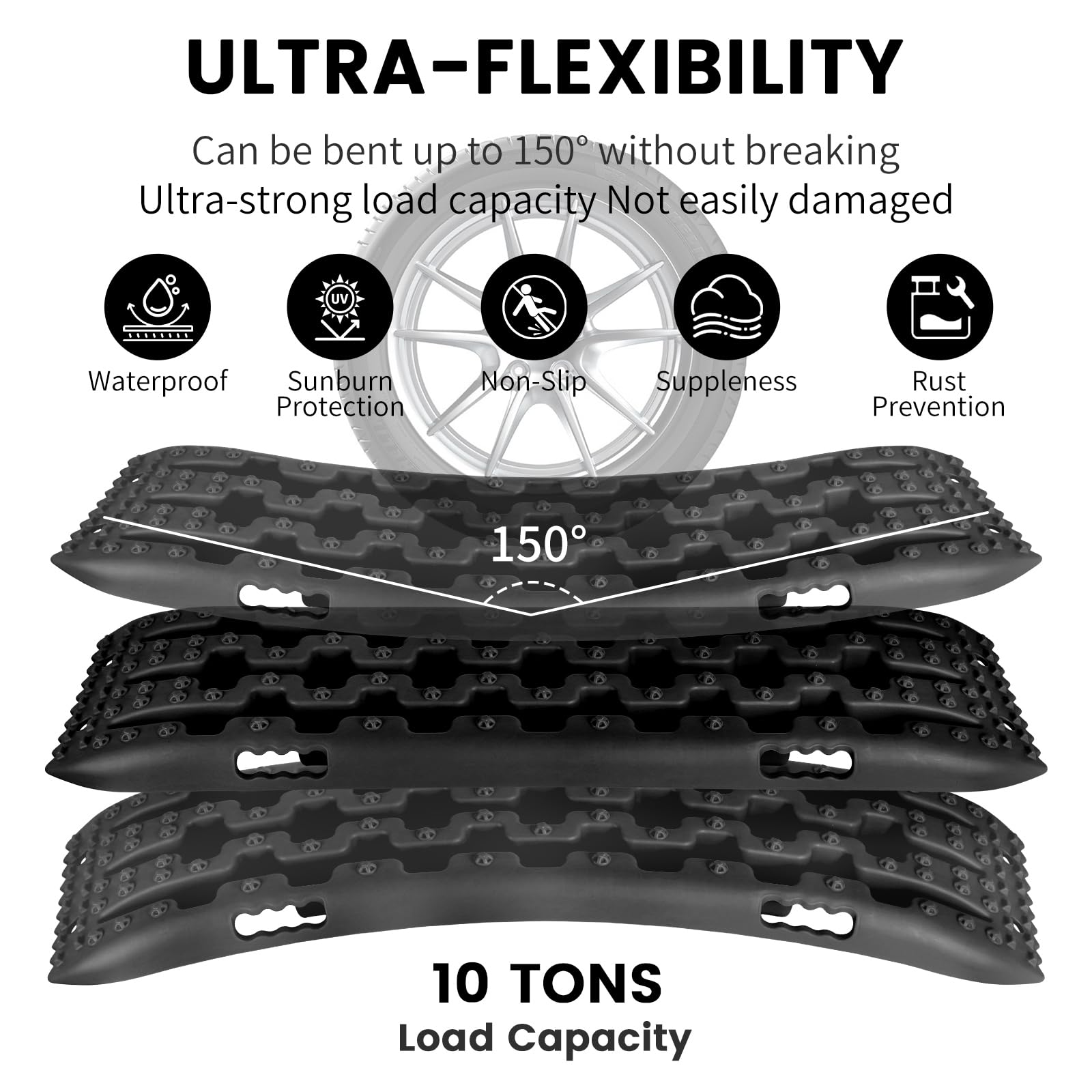 2 Tablas De Tracción Para Vehículos - Negro, PP, 103x27 Cm, Capacidad 10 Toneladas, Ideales Para Barro, Nieve, Arena