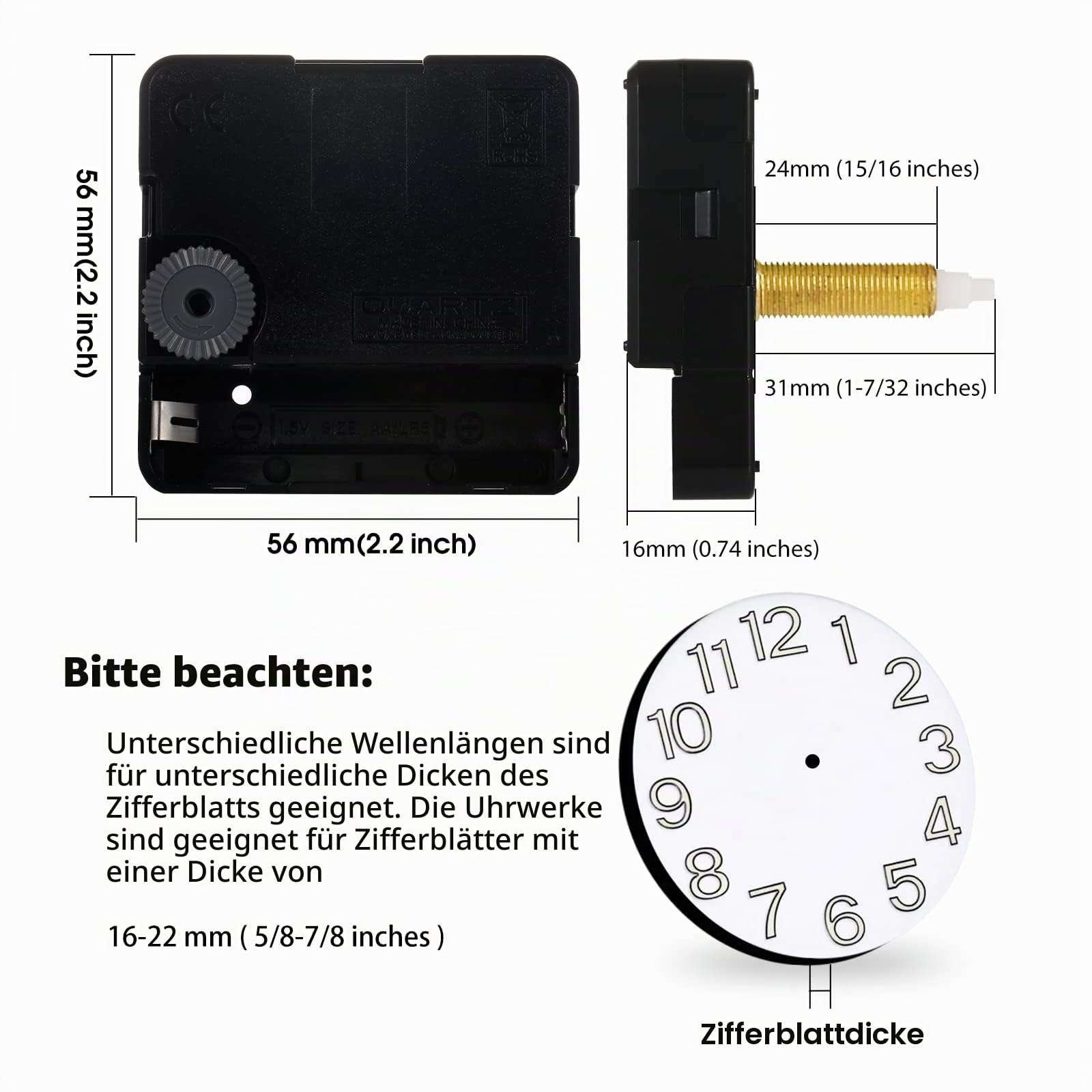 DEEWISH 4 Stück Walnussholz-Uhrzeiger und Quarz-Uhrwerk, Nicht tickendes, lautloses Uhrwerk, passend für 30,5–35,6 cm Uhr