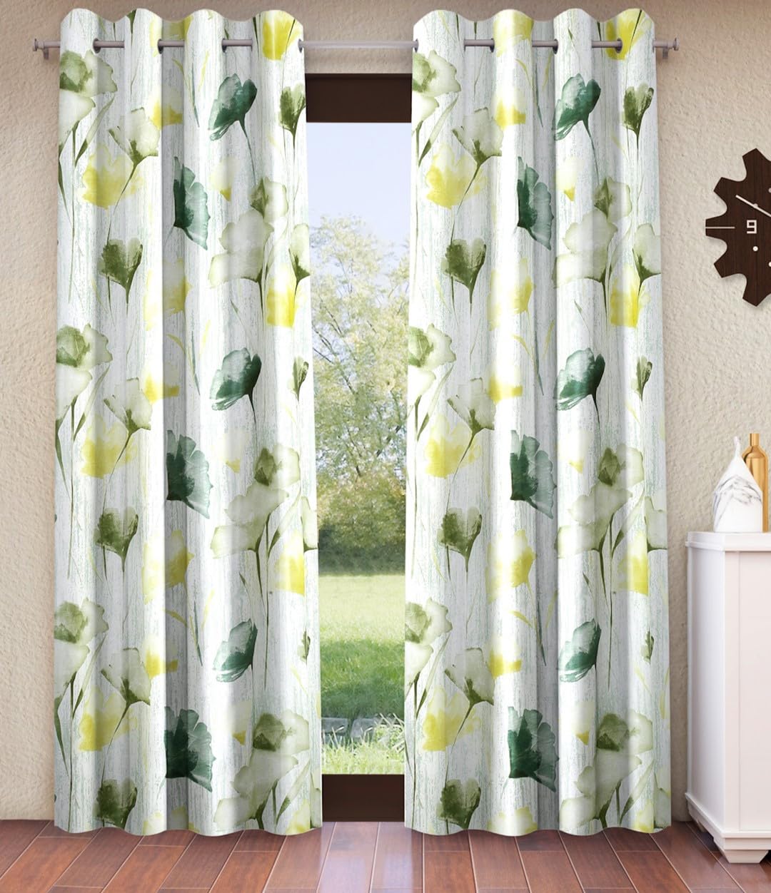 Home Sizzler 2 Pieces Abstract Garden Eyelet Polyester Semi Sheer Window Curtains-5 Feet, Green-image-44