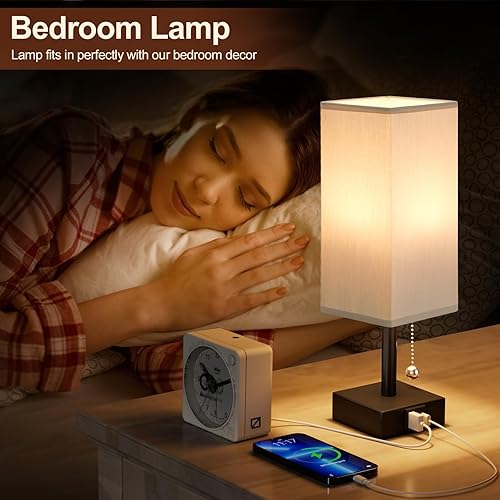 Miniatura 2 de Lámpara de noche gris con puertos USB, lámpara de dormitorio con cadena de tracción para mesita de noche, lámpara de mesa pequeña con USB C + un