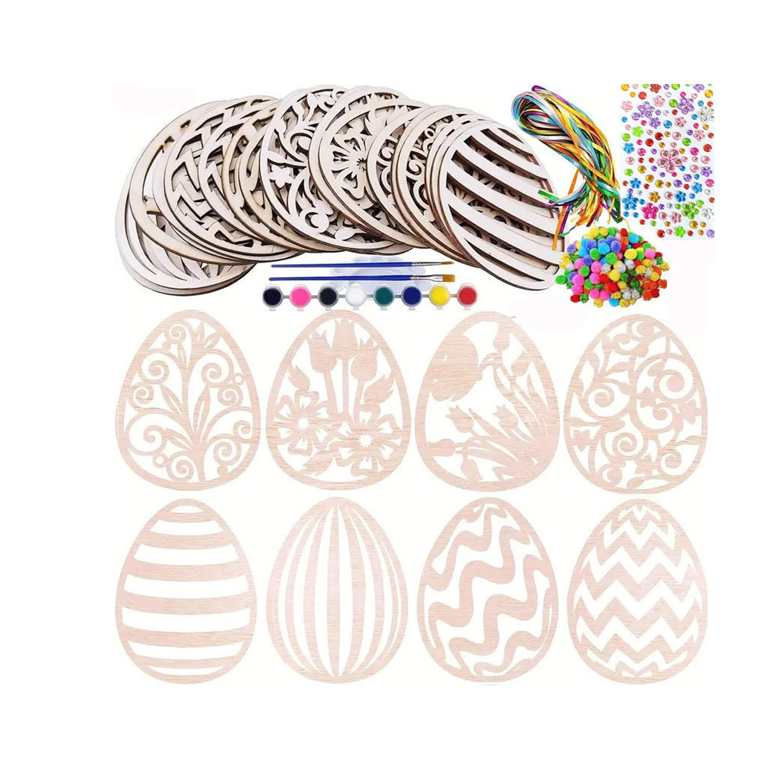 NEWFT Wooden Easter Eggs Ornament Craft Set Unfinished Easter Eggs Wood Slices for Adult Art Painting Holiday Decoration