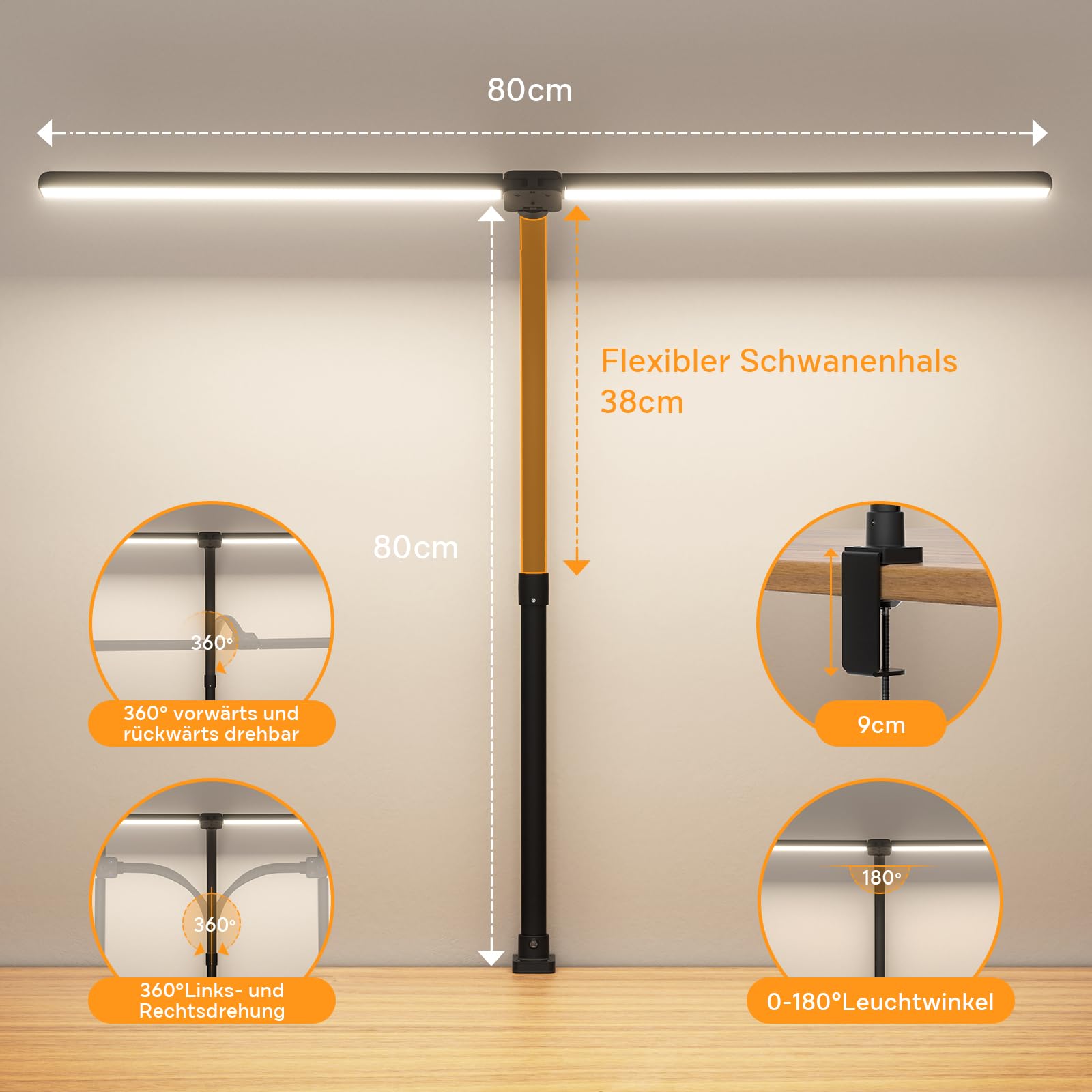 Doppelkopf Schreibtischlampe LED Dimmbar, 24W 80CM Klemmbar Tageslichtlampe Schreibtisch Lampe, Schwanenhals Büro Tischlampe Augenschutz Arbeitsplatzleuchte Monitor Lampe, schwarz