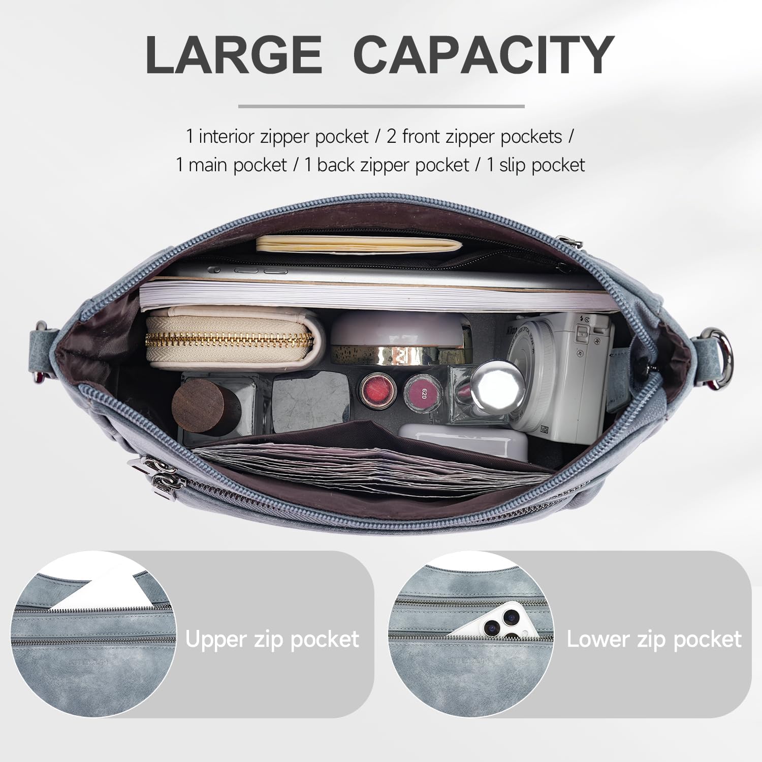 Crossbody Bags for Women Leather Purse Trendy Multi Pocket Shoulder Handbags with Adjustable Guitar Strap - Image 3