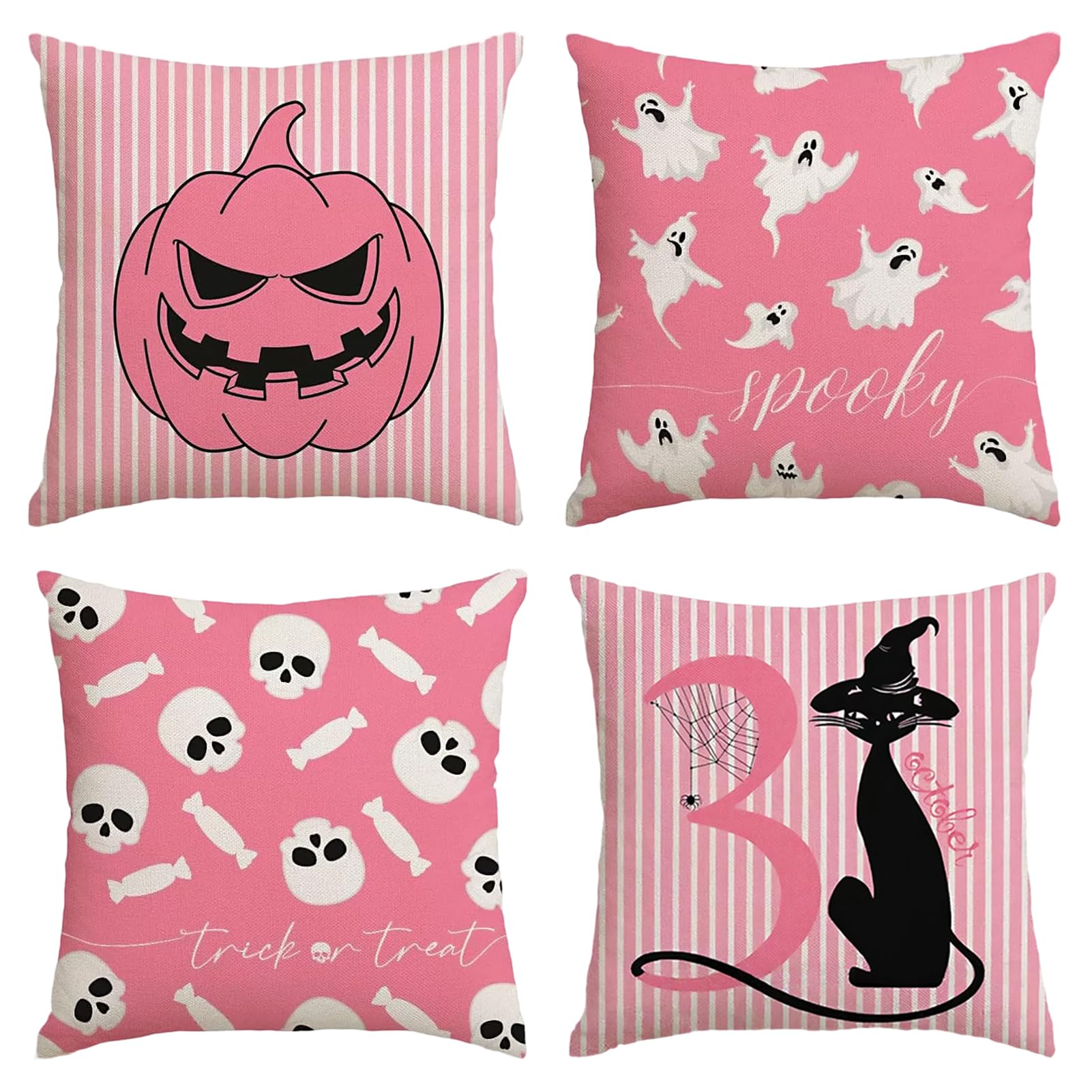 Moerstar 4 PCS Halloween Pillow Covers, 18x18 Inches Halloween Cushion Covers Set of 4, Pumpkin Ghost Bat Pattern for Home Sofa Bedroom Autumn Decor Decoration (Style 3)