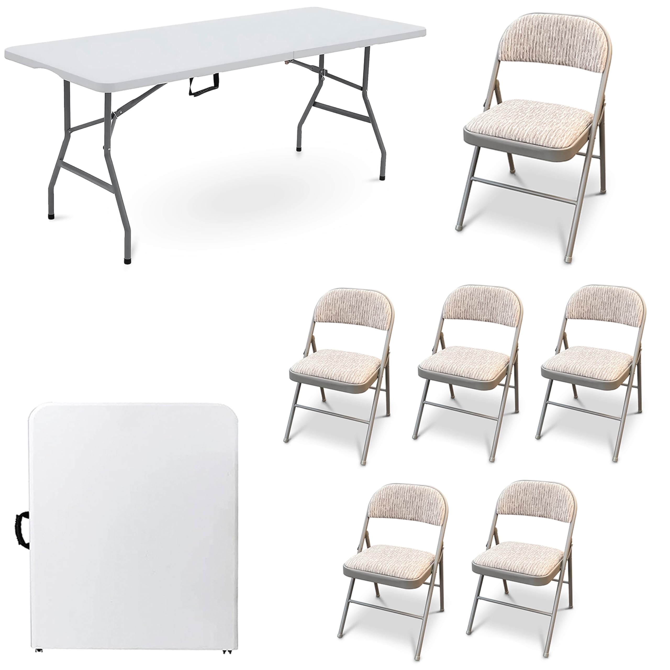 Crystals White Folding Table with Deluxe Fabric Padded Metal Folding Chairs - Folding Camping Chair & Table Set, Outdoor, Dining, Trestle, Portable Furniture (5ft Table with 6 Chairs)