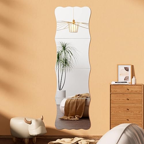 Doeean Espejo de pared de acrílico con borde ondulado inastillable, 47 x 14 pulgadas, 4 piezas de 12 x 14 pulgadas, espejos de seguridad sin vidrio