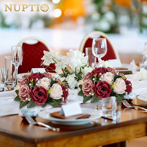 Miniatura 2 de NUPTIO Centros de mesa de flores artificiales para mesas, 10 unidades, color borgoña, rosa polvorienta y blanco cremoso, bolas de rosas falsas de