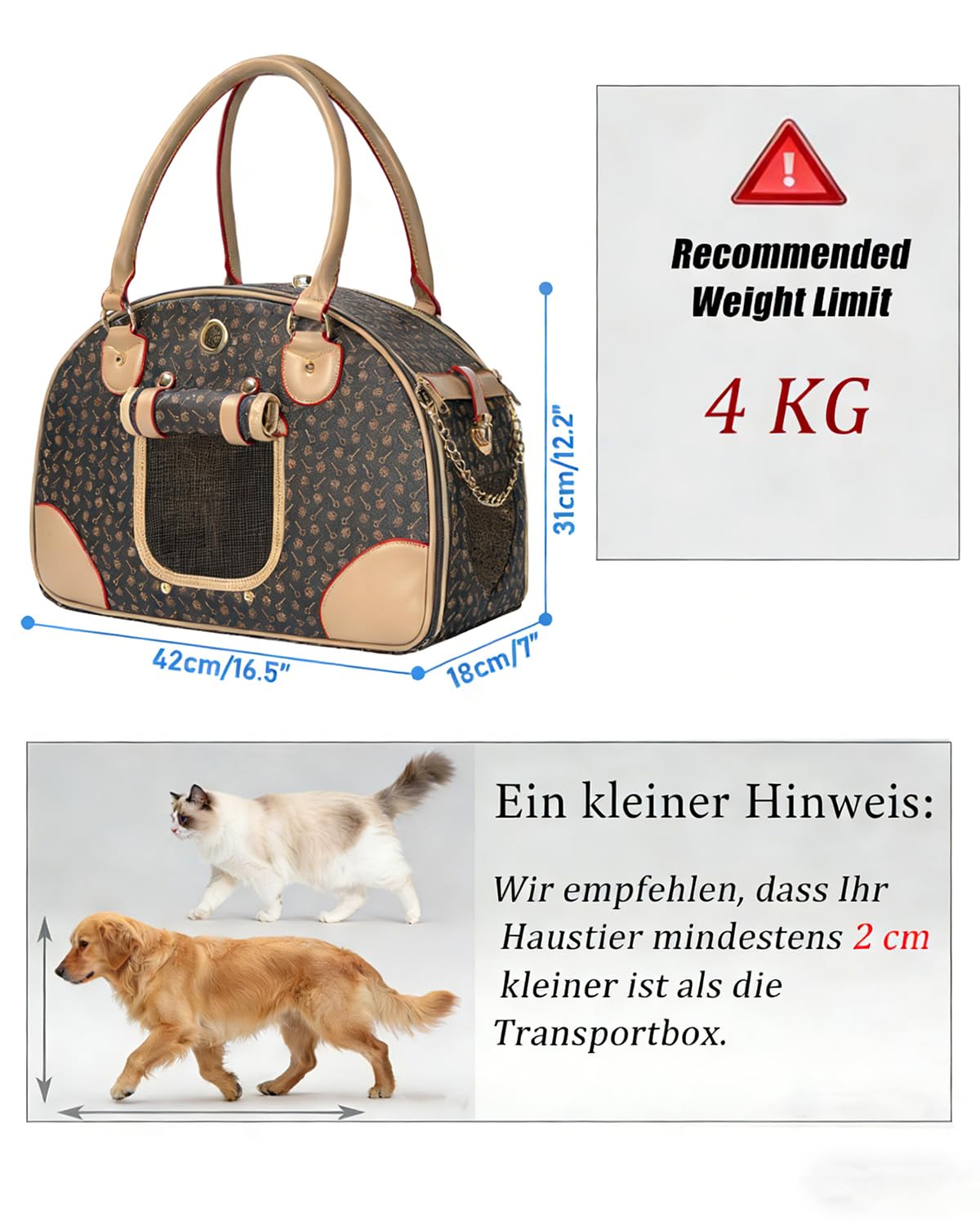 OUUTMEE Hundetasche Tragbarkeit,42 x 18 x 31 cm Hundetransporttasche bis 4 kg,Hunde Reisetasche,Geeignet für den Transport Kleiner Hunde und Katzen auf Ausflügen