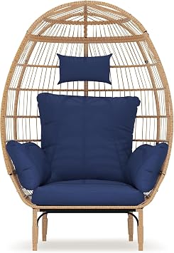 TrailBlaze Wicker Egg Chair, Oversized Patio Chair with Thick Cushion, Steel Frame and Metal Base, Waterproof, PE Rattan Lounge Chair for Indoor & Outdoor Patio, Living Room, and Backyard - Blue